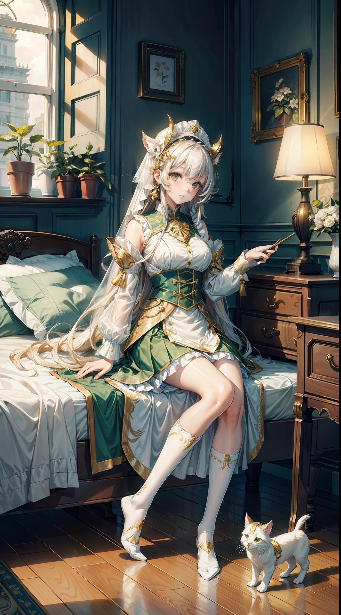 (8K,best qualtiy,tmasterpiece:1.2),(realisticlying,realisticlying:1.2),ultra - detailed,best qualtiy,超高分辨率,profesional lighting,photon maping,physically-based renderingt,the maid outfit,Wallpapers,Ray traching,(janelas:1.8),rays of sunshine:2.0,(There is a gold pattern on the skirt),whaite hair,(White calf socks:1.2),There are potted plants under the window,((White socks ultra-transparent texture)),beast ear,a white long skirt,There is a little white cat,long hair flowing,There was a lamp by the bed,Big windows,Clothes with green and gold patterns,(golden headdress),(huge tit),(((Superskirt))),(((white wedding gown))),Advanced rendering
