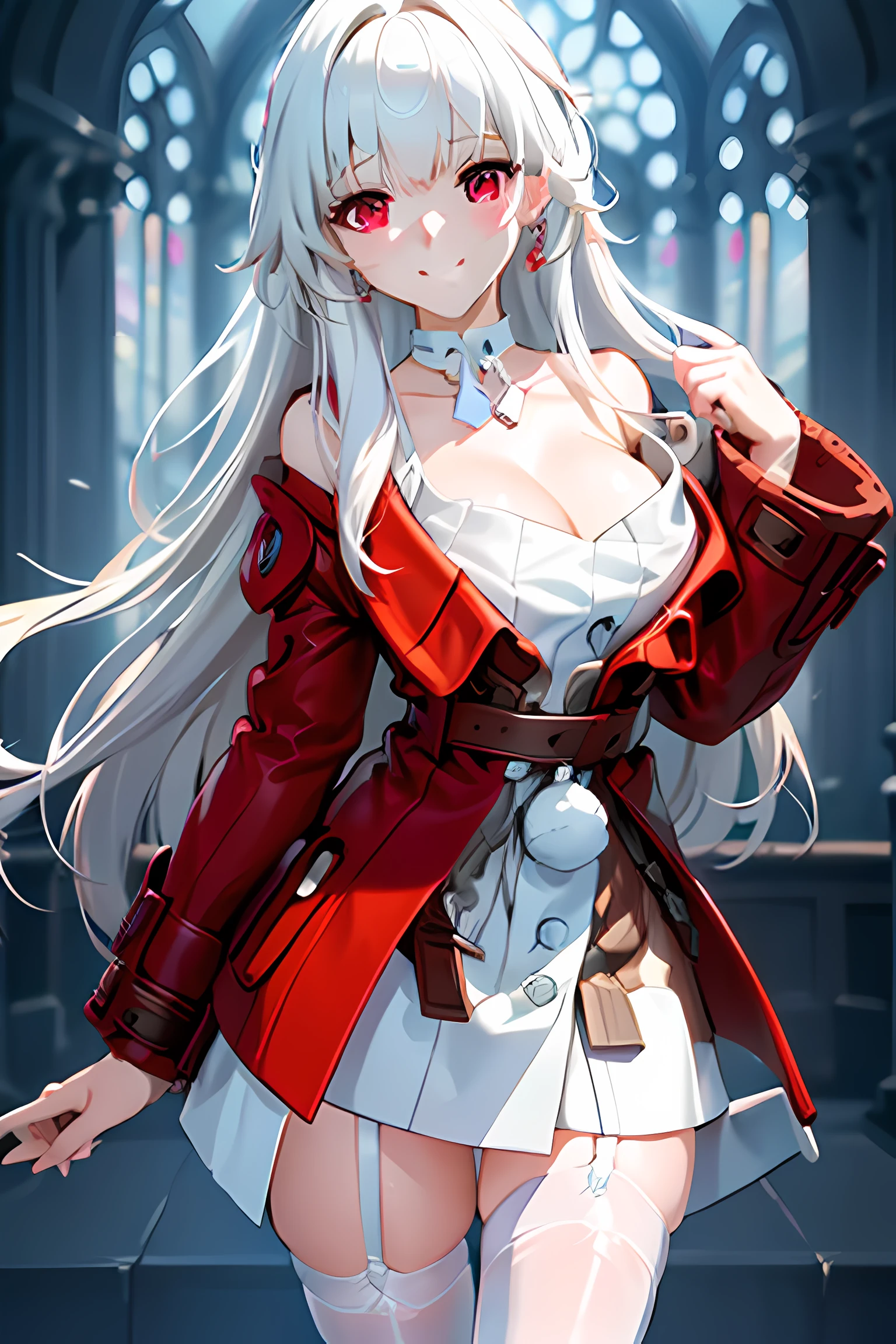 tmasterpiece，k hd，good quality, 1girll,Cover the chest，veils，cafe shop，setting sun，Light red blouse， Extremely delicate big eyes, Honkai，klara with huge breasts，Lori huge breasts cleavage，( Silvery-white hair。choker necklace，Earrings, Drill hair, ,Black gradient stockings，leather shoes，angle of view,Pay attention to arm details, Finger details, Shy, Smiling, Blushing, Perfect hands, Depth of field