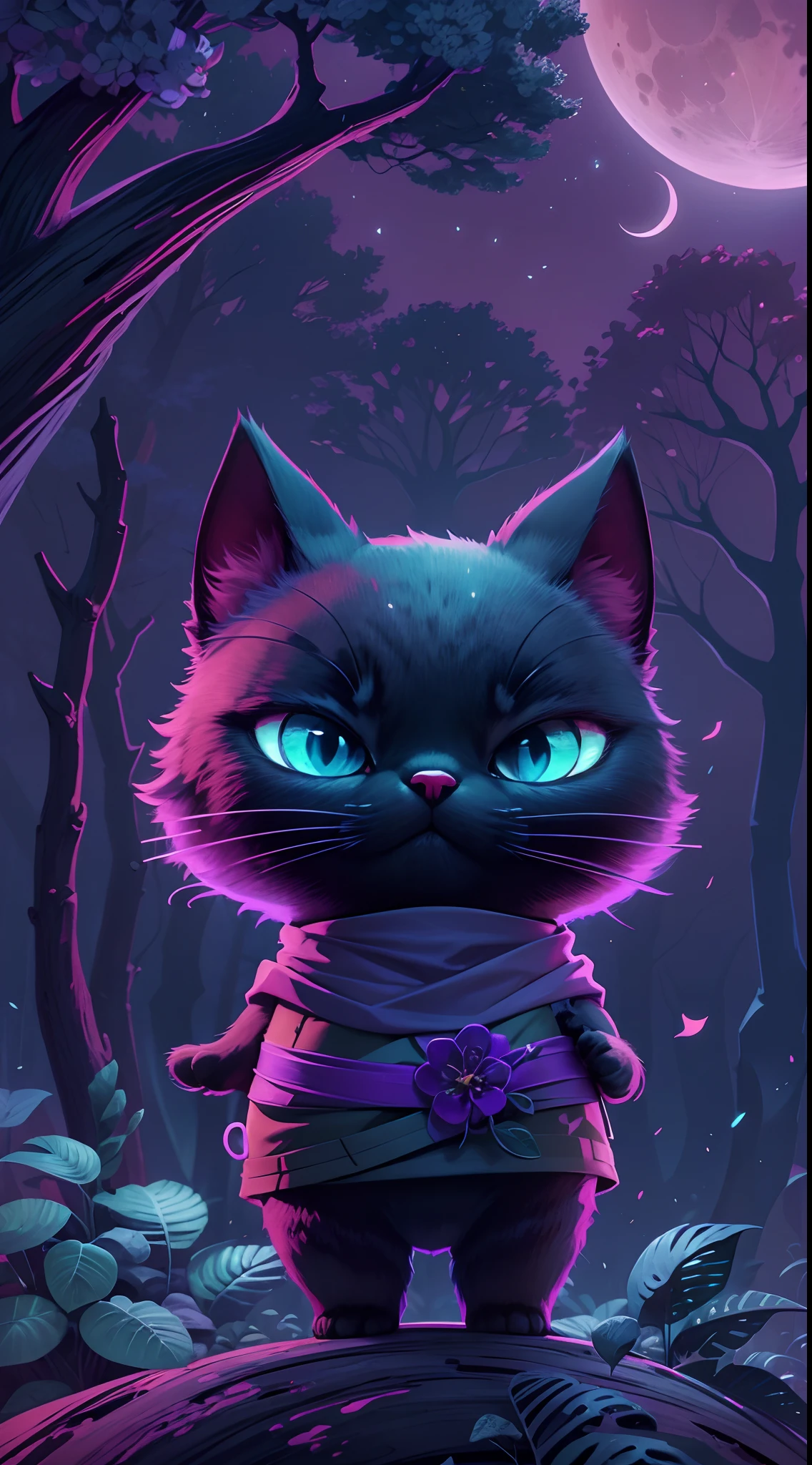 Create a vibrant dark fantasy cute ninja cat in a clean-lined minimalistic cartoon style, in the background a beautiful forest and a bright purple moon, octane render, 8k