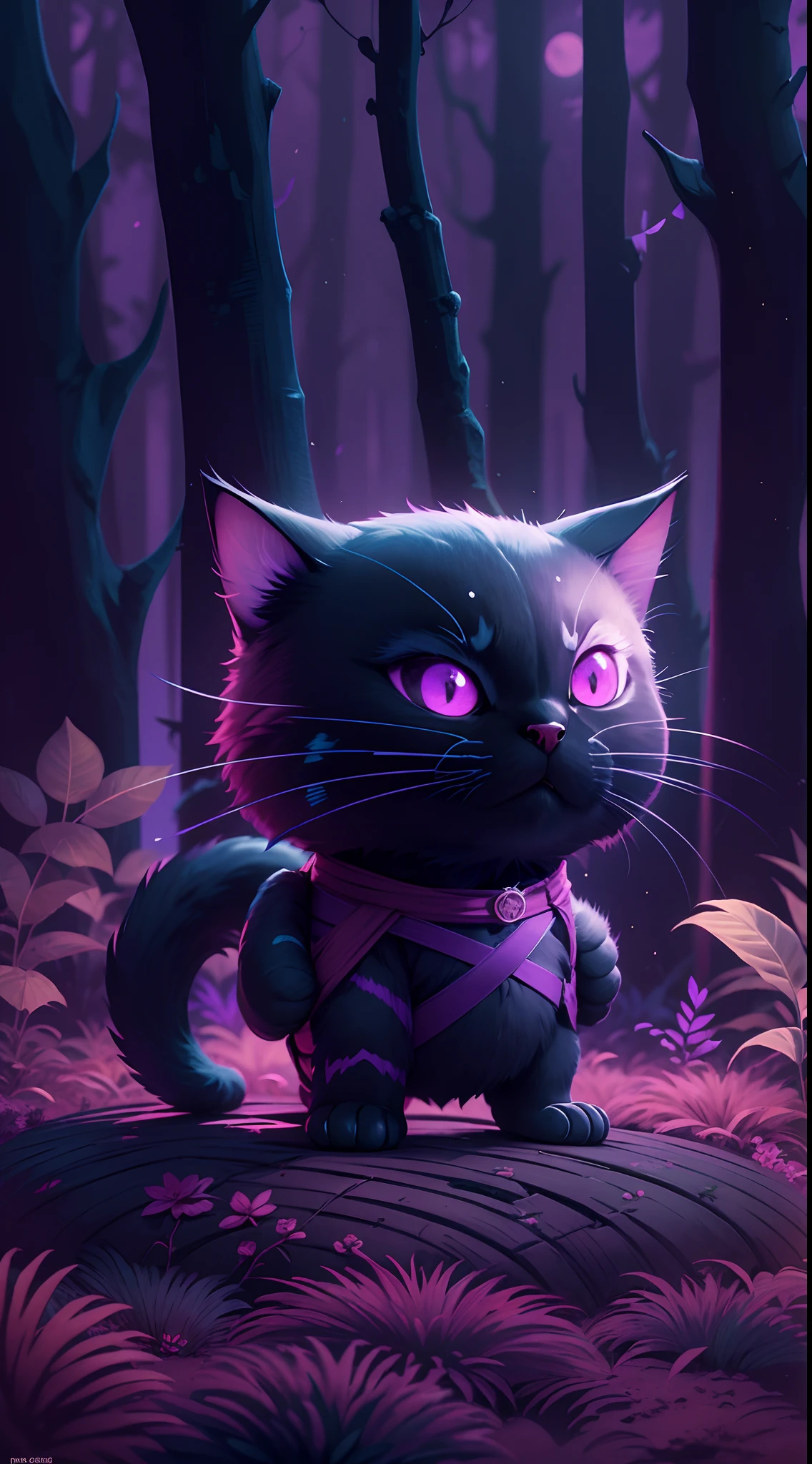 Create a vibrant dark fantasy cute ninja cat in a clean-lined minimalistic cartoon style, in the background a beautiful forest and a bright purple moon, octane render, 8k
