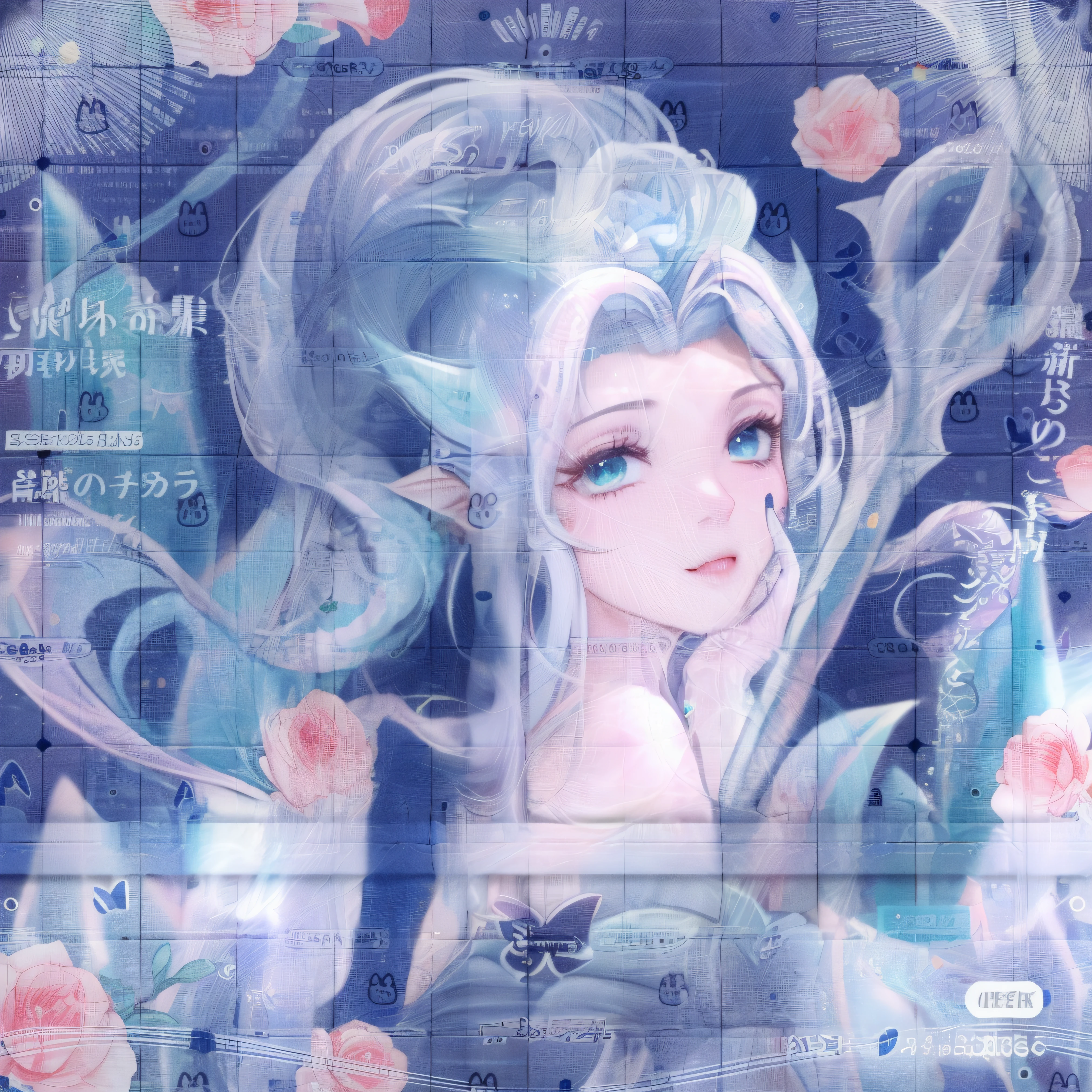 There are no characters,Anime girl with long hair and blue dress with flowers, An anime cover, anime art nouveau cosmic display, Soft anime illustration, number art, Beautiful anime artwork, Beautiful anime style, ahegao, Pisif, korean art nouveau anime, ethereal anime, beautiful anime art style, dreamy psychedelic anime, Exquisite digital illustration, Beautiful anime art, Artistic cover, Anime fantasy illustration