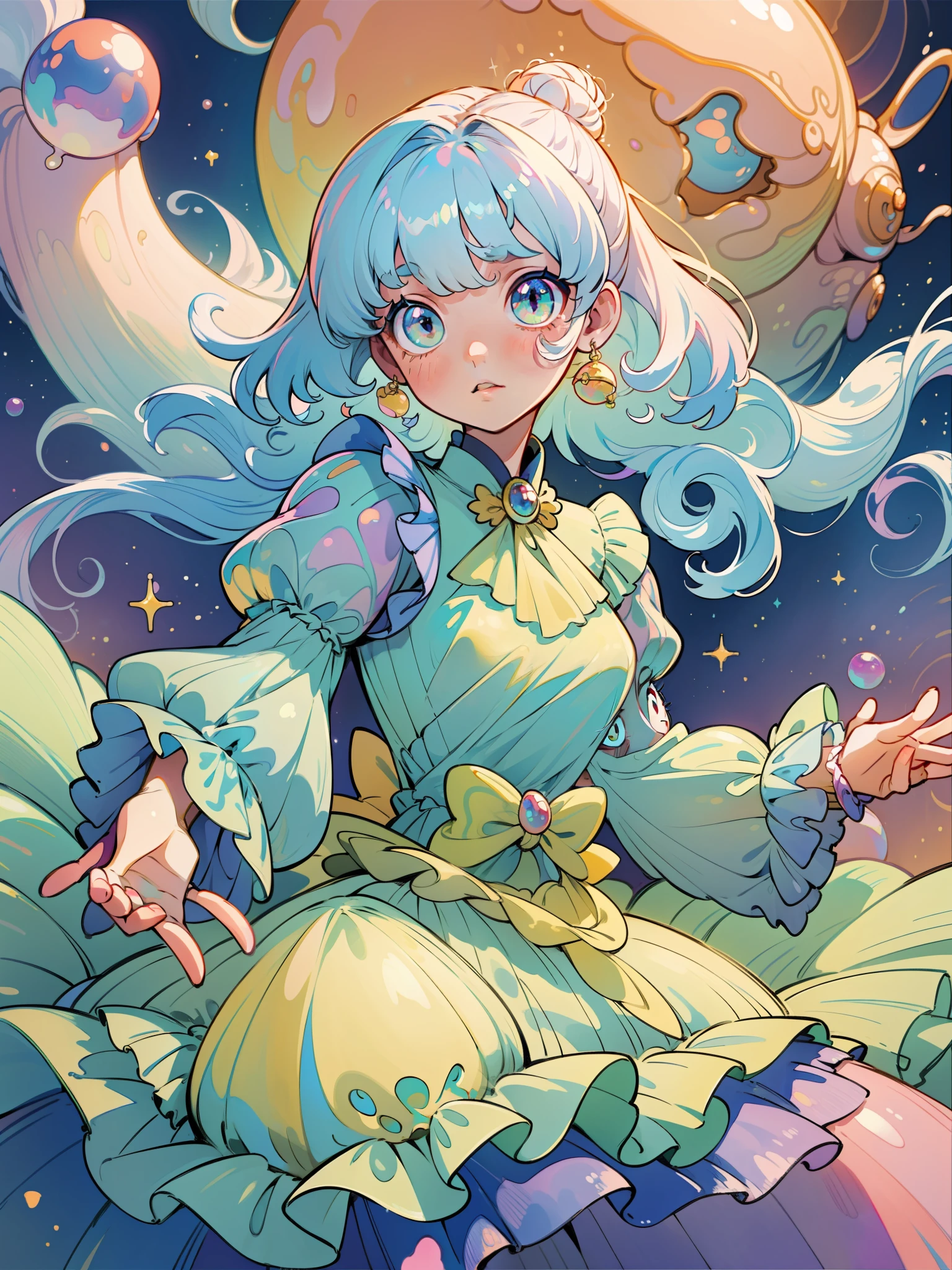 masterpiece, best quality, 8k resolution, sharp focus, intricate detail, beautiful girl, sparkling eyes, golden ratio face, otherworldly liquid, watercolor, pastel colors, bright colors, whimsical, colorful, sharp focus, high resolution, fine detail, ((layered tiered puffy long sleeves ballgown)), ((round eyes)), iridescent bubbles, fantasia background