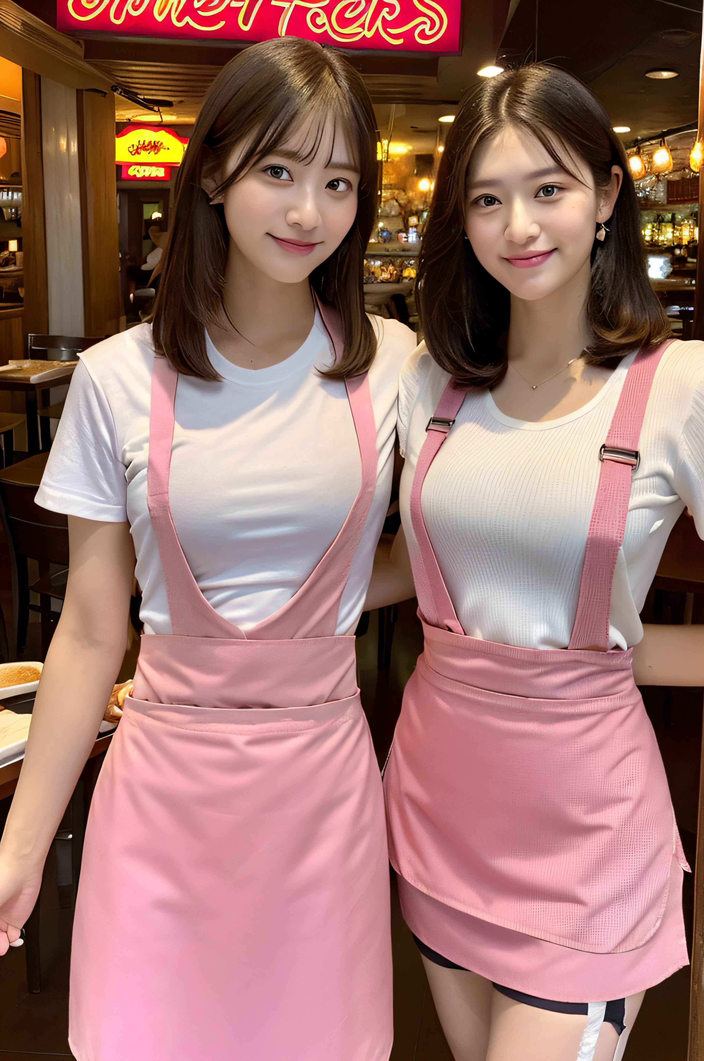 ((Best Quality, 8K, Masterpiece: 1.3)), Sharp: 1.2, Perfect Body Beauty: 1.4, Slim Abs: 1.2, ((Layered Hairstyle, Big Breasts: 1.2)), ((Highly Detailed Face and Skin Texture, Detailed Eyes, Double Eyelids, Looking at the Camera)), (((restaurant, waitress, standing, holding a tray in the hand:1.2))), ((cowboy shoot)),
BREAK
((indoor casual restaurant Hooters)), (night sports bar), (tight-fitting clothes:1.2), (((pink Family Restaurant Uniforms:1.2), (pink suspender skirt:1.4),  (double-breasted, underbust:1.2), (pink skirt:1.3), (apron over pink skirt:1.3), (white shirt:1.2), button gap, short sleeves, nametag, (plunking neckline:1.2))), bare shoulder, plump thighs