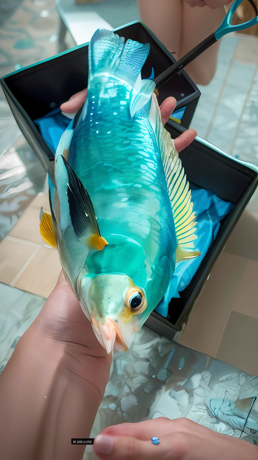 someone holding a fish with a stick in their hand, holding an fish in his hand, photo taken in 2 0 2 0, silvergill adept, the photo shows a large, blue-green fish skin, chicken face morphed fish head, gills and scales, half fish, version 3, by Robert Brackman, very large scales, extremly high quality
