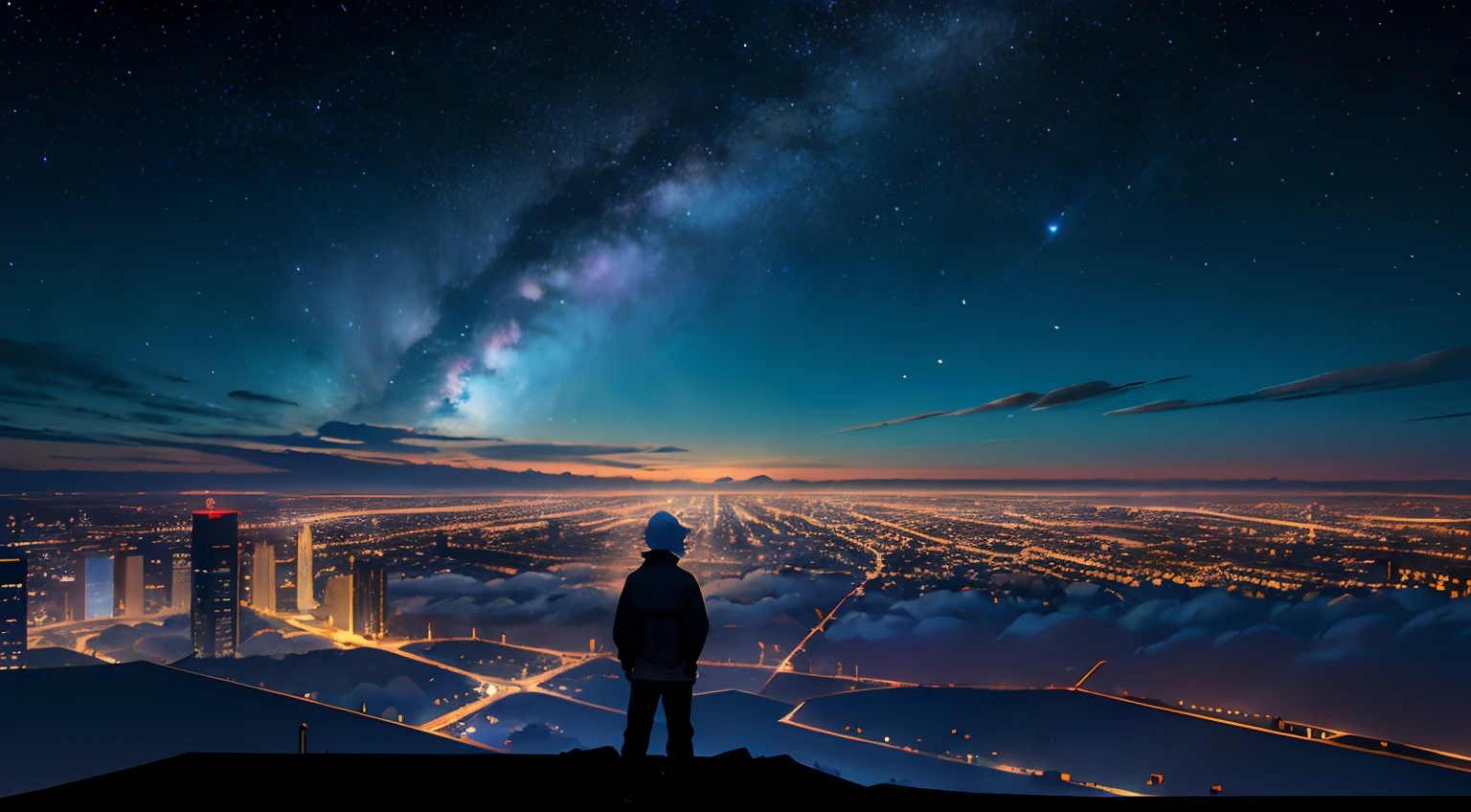 octane，Skysky，As estrelas（Skysky），scenecy，wide wide shot，The starry sky is as vast as the sky，the night，1girll，nigh sky，独奏，exteriors，​​clouds，galactic，sitted，((with his back to the viewer))，(Back Shadow)，Looking Up The Sky，long whitr hair，城市，siluette，view over city