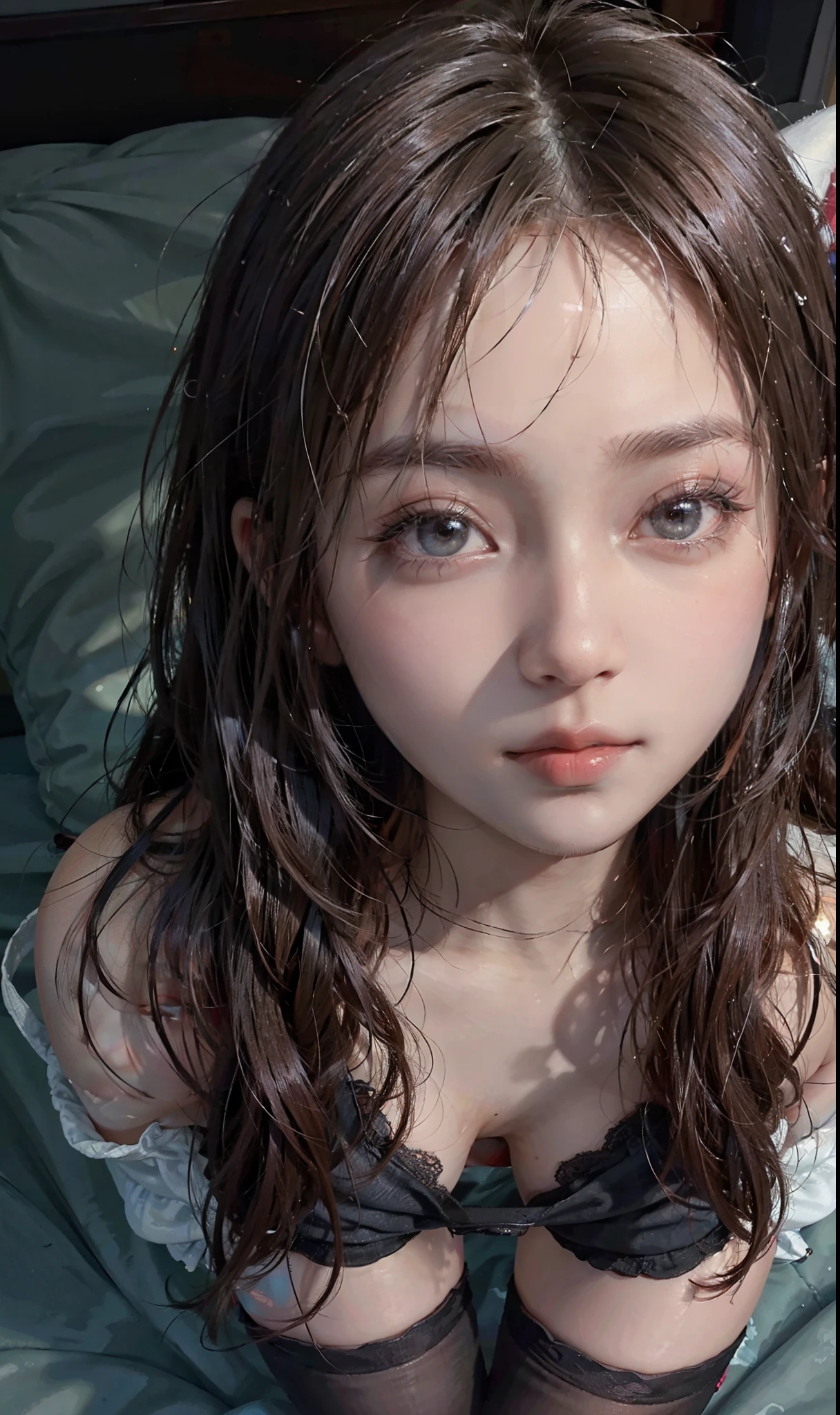 (RAW photo: 1.2), top quality, beautiful detailed girl, bunny girl, sleeping girl, highly detailed eyes and face, beautiful detailed eyes, huge file size, high resolution, high resolution, 8k wallpaper, fine detail, highly detailed ticker uniform 8k wallpaper, light on face, movie lighting, 16 year old girl, sexy pose, (photorealism: 1.4), illustration, Surrealism, from above, super detail, masterpiece, playboy bunny, fishnet pantyhose, perfect fingers