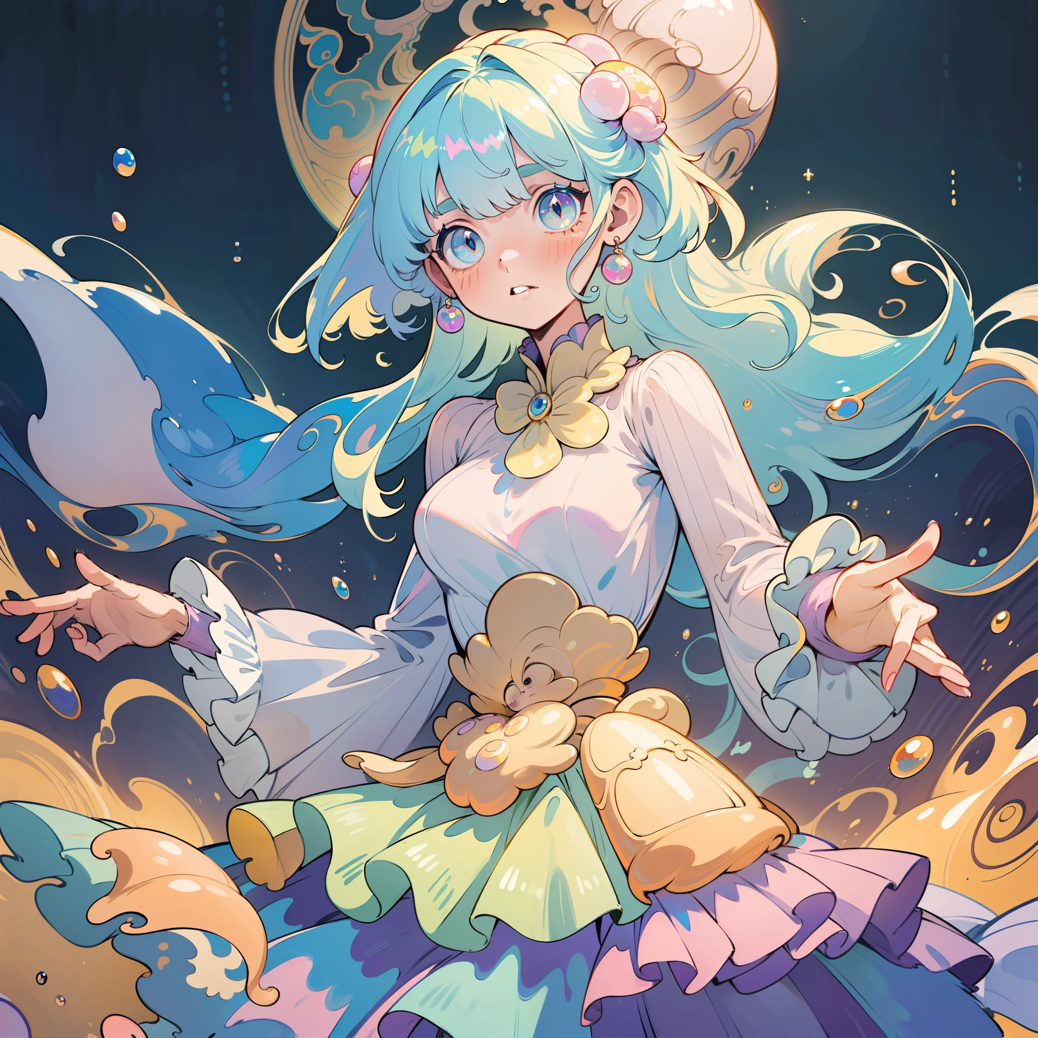 masterpiece, best quality, 8k resolution, sharp focus, intricate detail, beautiful 3girls, sparkling eyes, golden ratio face, otherworldly liquid, watercolor, pastel colors, bright colors, whimsical, colorful, sharp focus, high resolution, fine detail, ((layered tiered puffy long sleeves ballgown)), ((round eyes)), iridescent bubbles, fantasia background