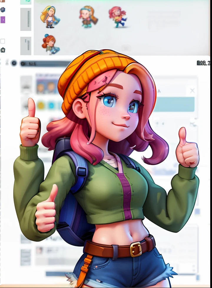 Cartoon girl thumbs up with backpack, Abigail from Stardew Valley, highly detailed character, official character art, render of a cute 3d anime girl, official character illustration, Character artwork, Cartoon Art Style, detailed character art, close up character, render of april, Game character, Female character, Female explorer mini cute girl, videogame character, character is in her natural pose