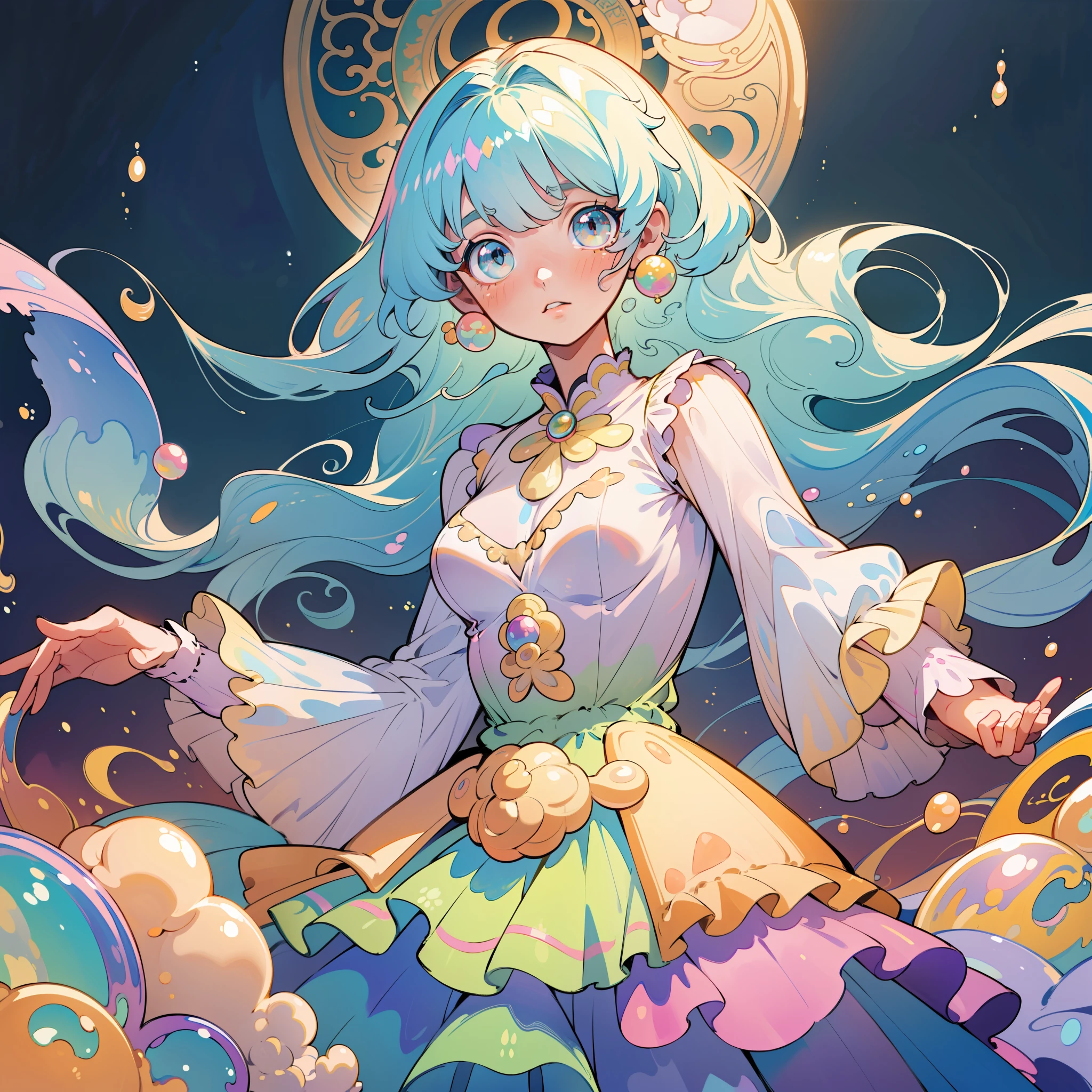 masterpiece, best quality, 8k resolution, sharp focus, intricate detail, beautiful 3girls, sparkling eyes, golden ratio face, otherworldly liquid, watercolor, pastel colors, bright colors, whimsical, colorful, sharp focus, high resolution, fine detail, ((layered tiered puffy long sleeves ballgown)), ((round eyes)), iridescent bubbles, fantasia background