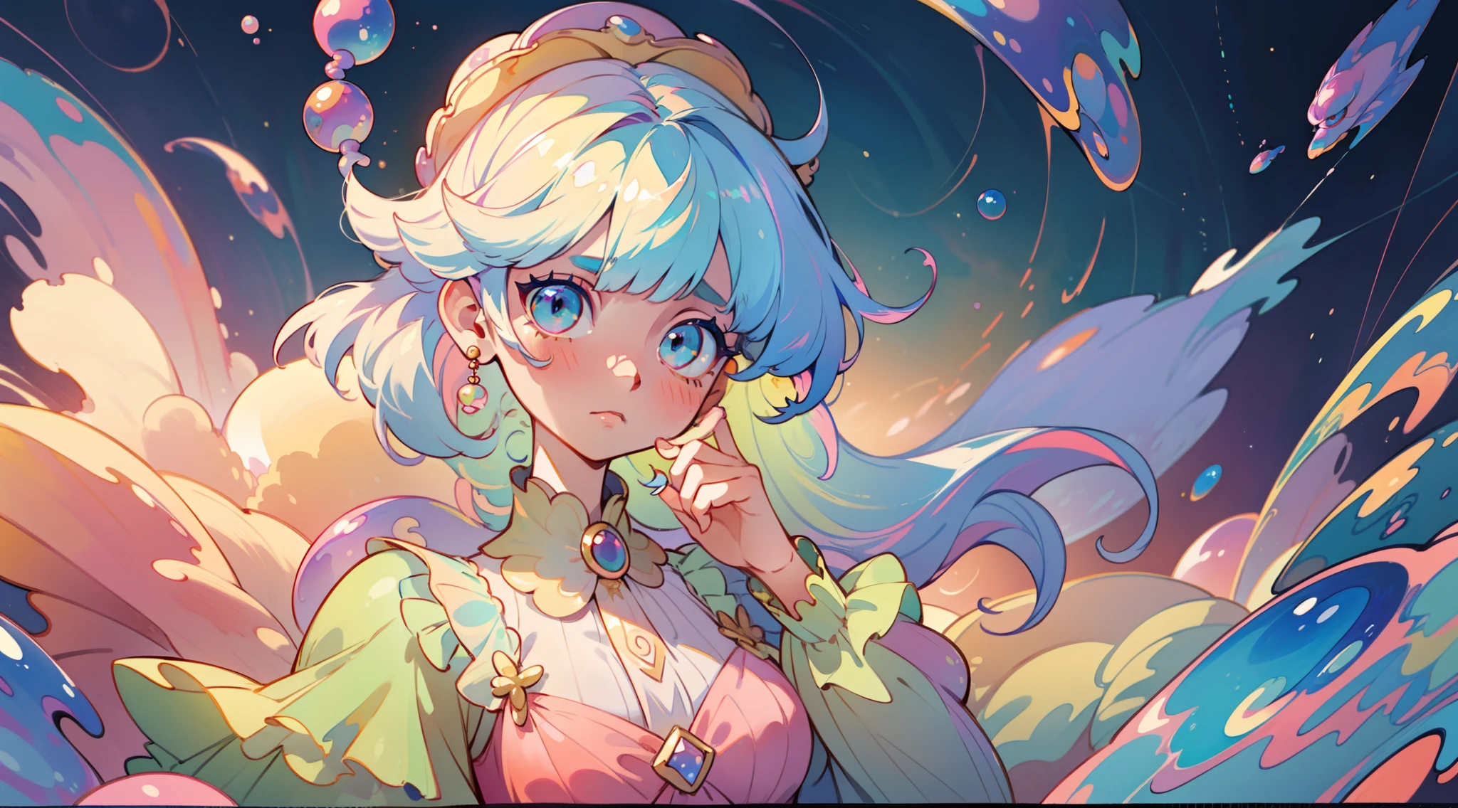 masterpiece, best quality, 8k resolution, sharp focus, intricate detail, beautiful girl, sparkling eyes, golden ratio face, otherworldly liquid, watercolor, pastel colors, bright colors, whimsical, colorful, sharp focus, high resolution, fine detail, ((layered tiered puffy long sleeves ballgown)), ((round eyes)), iridescent bubbles, fantasia background