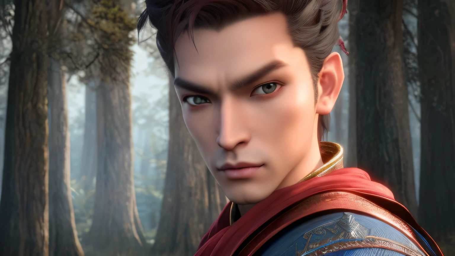 Men in red cloaks and blue shirts in the forest, heise jinyao, character close up, Close-up of people, character portrait closeup, Game CG, inspired by Dai Jin, close up character, character art closeup, a portrait of a male elf, bian lian, xianxia hero, Rendu portrait 8k, closeup portrait of an mage