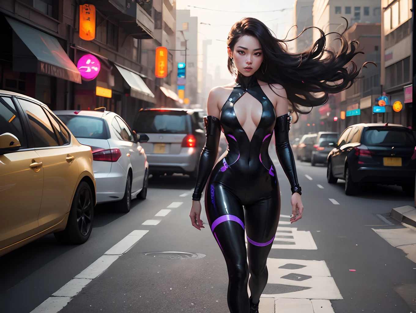 Raised sexy,Girl wearing dark high contrast holographic tights,Hourglass figure,Dark clothing,High-contrast design,Holographic elements,Walk confidently forward towards the camera。Steady pace of walking,Energize when walking fast,The wind blows the hair,Show a feminine posture。Surrounded by neon-lit cityscapes,Vray renders realistic ray tracing and underground scattering effects。
The lens captures the charm of Josan Gonzalez and Mark Liang's upper body。They walked towards the observer,Delivers a strong, ultra-realistic visual impact,Bring portraits to life。highly details eye,Lifelike skin texture with slight freckle embellishments,Make the picture more realistic。In 4K quality,Backlit effects and edge lights add richness to the scene。Enfim,They crossed their legs gracefully,Show off beautiful curves。