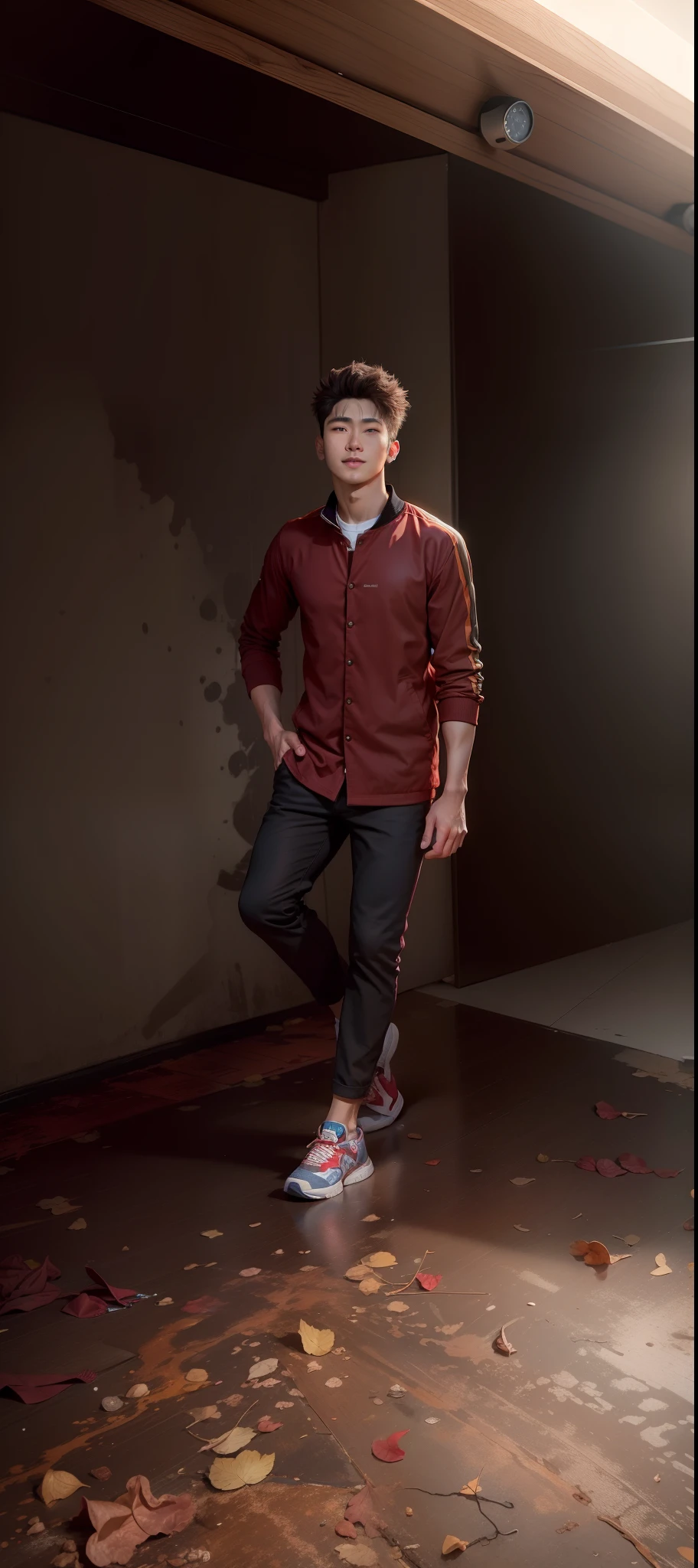 1 handsome boy, messy hair , standing pose ,normal smile,  change background red carpet, realistic imgane,add jaket,add shoes,add photographers ,