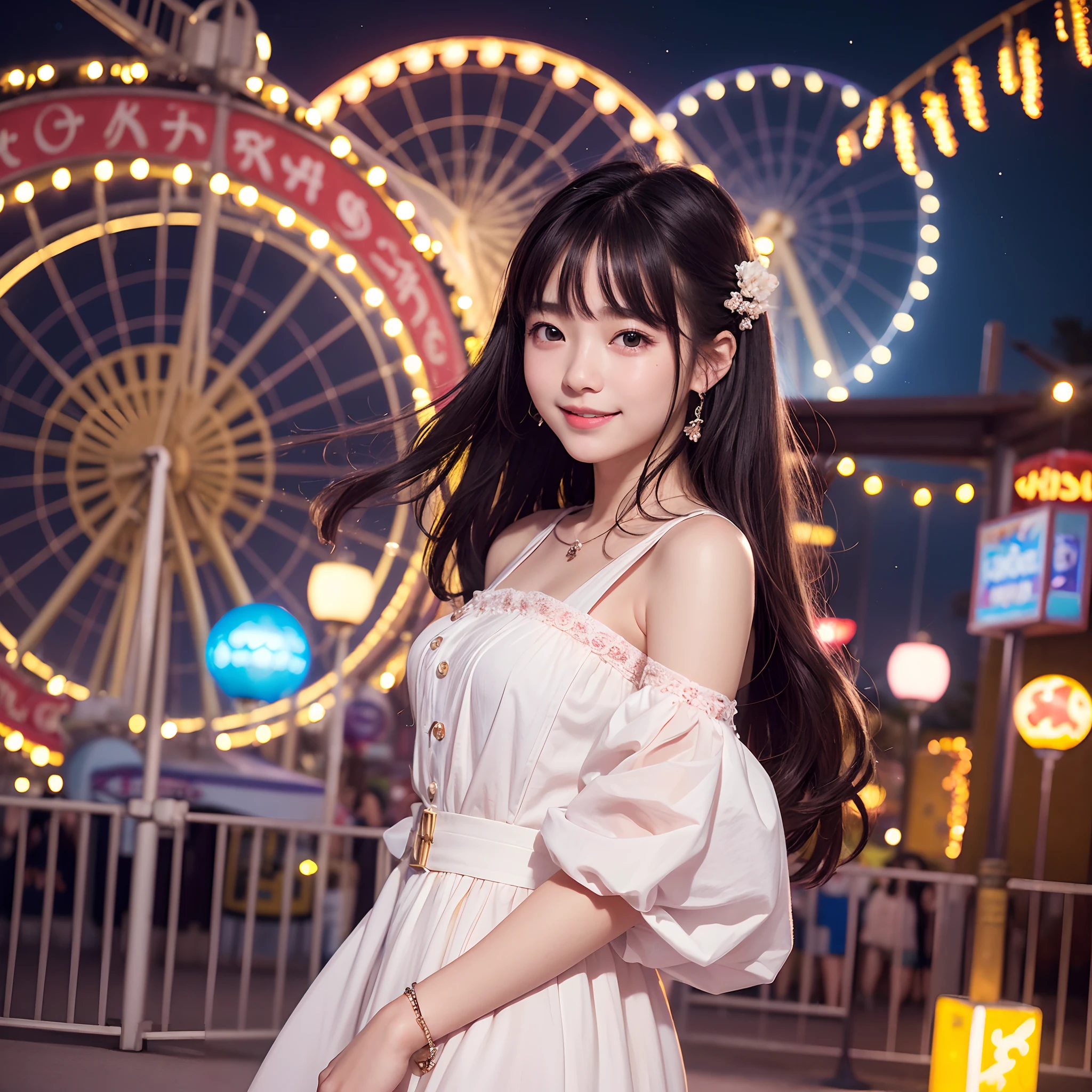 (8K、top-quality、超A high resolution、masterpiece:1.2)、(Photorealsitic:1.4)、(detailed skins:1.3)、(bokeh dof)、1人、(ulzzang-6500:1.0)、(style-keta: 0.8)、Portrait of cute petite tee 15 yearful Japan girl at 15 years old、Teen、(、a smile、(Nigmusement park、Lit up、illuminations)、stas、happiness、lots of balloons、the Ferris wheel、merry-go-round、rollercoaster、Elaborate CG 8K wallpapers、dynamic ungle、beautiful lighting、profetional lighting、(foco nítido)