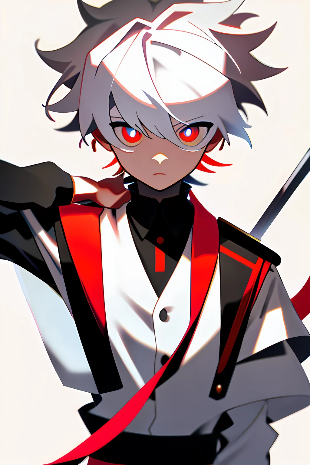 tmasterpiece，A high resolution，best qualtiy，1 boy solo，Off-white hair，red pupils，serious-expression，White shirt，holding a longsword，The right eye is hidden by hair