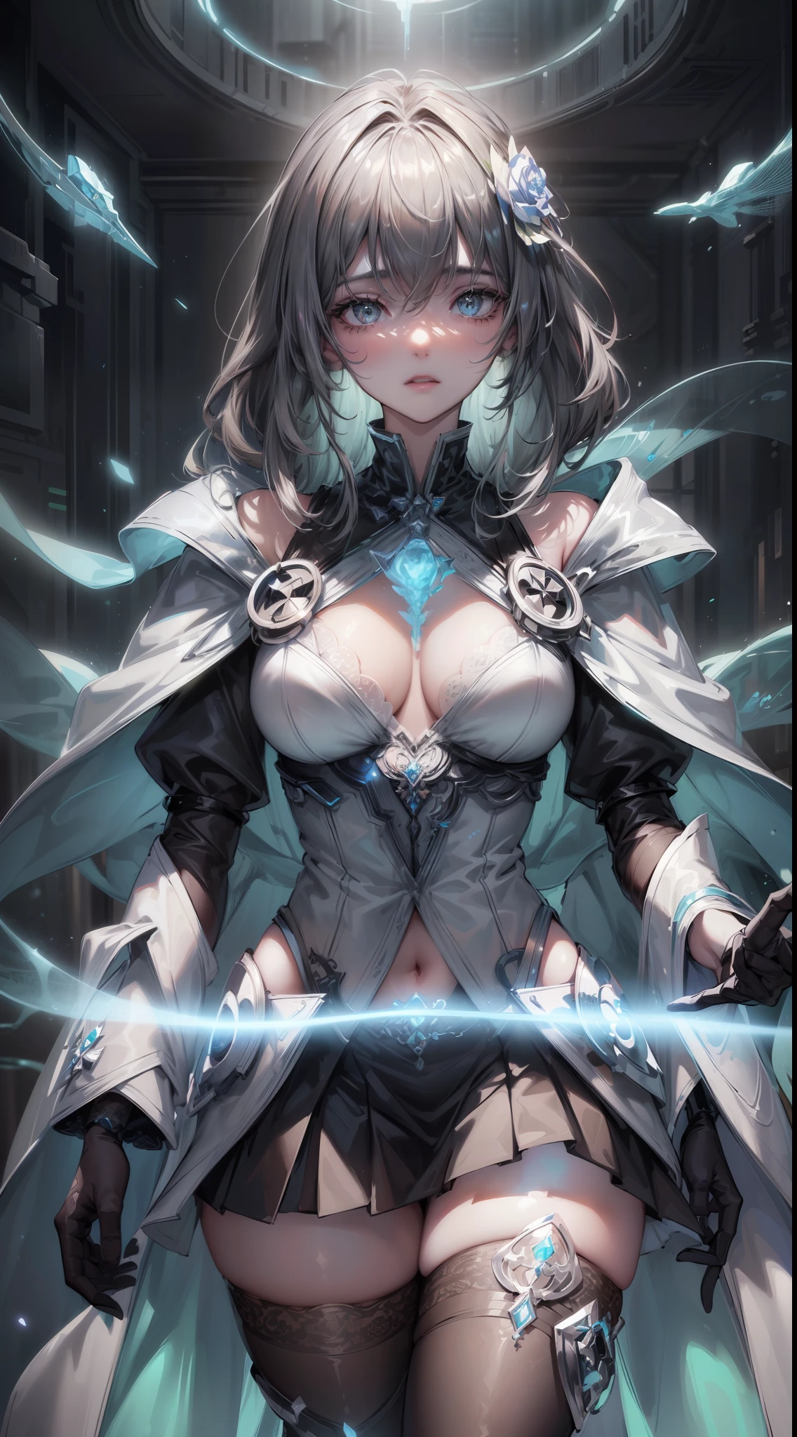 cyan futuristic fairy priestess girl in coverall armored suit (((skirt))) (((robe))) with relic pendant necklace, (layered robe), magic, ((lacy)), futurism, cyberpunk, silk, fur, (stockings), natural breasts, slim body, zettai ryouiki, ((((medium length dull hair)))), dull hair, (beautiful detailed bright light eyes), portrait, (beautiful and aesthetic:1.2, fractal art:1.4), most realistic, hyper-realistic, RAW, highest quality, best quality, Detailed, Realistic, 4k highly detailed digital art, octane render, bioluminescent, (cool_color), best pixels, 8k ultra, extremely detailed CG unity 8k wallpaper, cinematic lighting