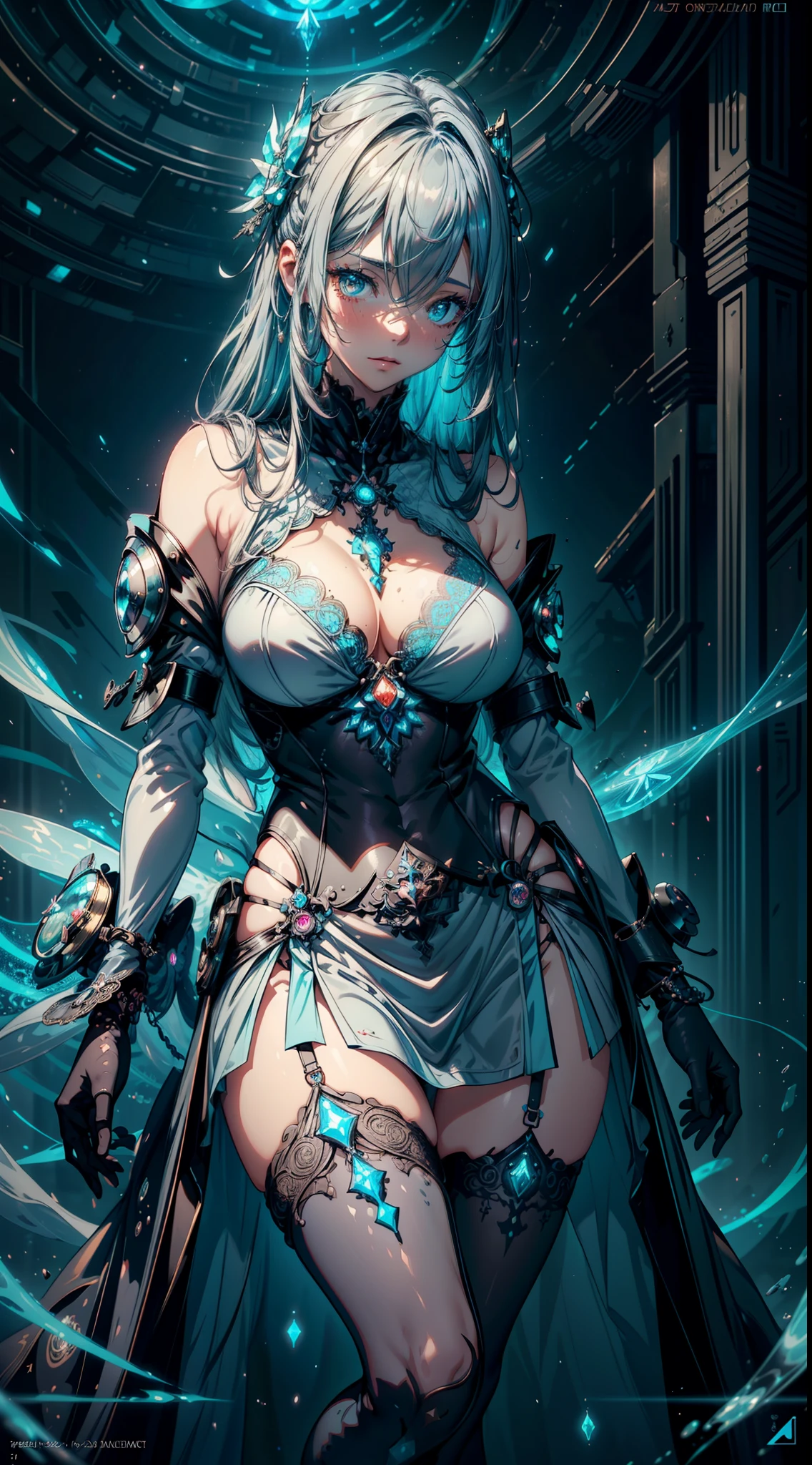 cyan futuristic fairy priestess girl in coverall armored suit (((skirt))) (((robe))) with relic pendant necklace, (layered robe), magic, ((lacy)), futurism, cyberpunk, silk, fur, (stockings), natural breasts, slim body, zettai ryouiki, ((((medium length dull hair)))), dull hair, (beautiful detailed bright light eyes), portrait, (beautiful and aesthetic:1.2, fractal art:1.4), most realistic, hyper-realistic, RAW, highest quality, best quality, Detailed, Realistic, 4k highly detailed digital art, octane render, bioluminescent, (cool_color), best pixels, 8k ultra, extremely detailed CG unity 8k wallpaper, cinematic lighting