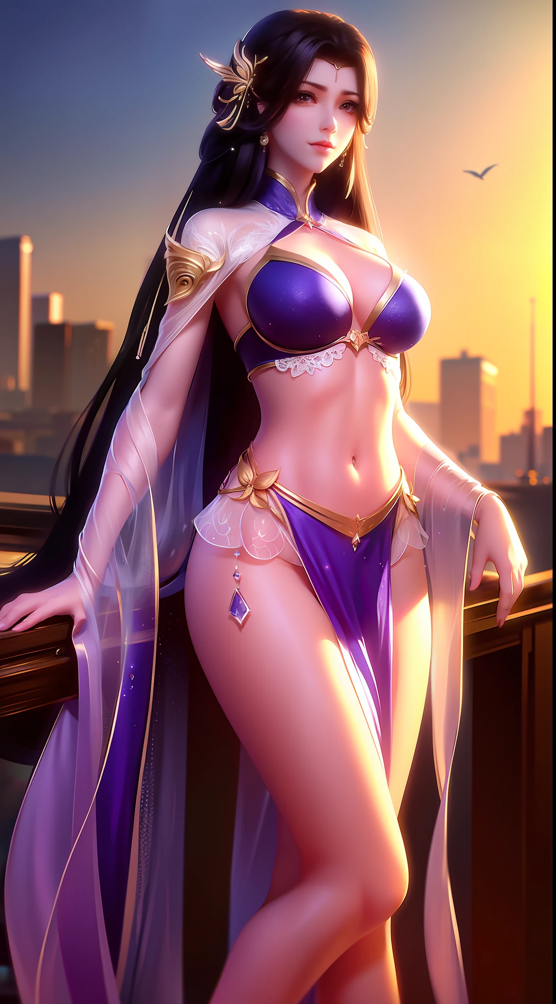 A girl,Wearing a lace bikini,Lace bra,Lace super shorts,C cup,perfect bodies,largeeyes,Purple pupils,Black hair,long whitr hair,hair adornments,Ji hair style,eardrop,Be red in the face,is shy,prette,adolable,facing to audience,full bodyesbian,Above the calves,City sky background,depth of fields,wallpaper hd,The most intricate details,Highest high resolution,best illuminate,best qualtiy