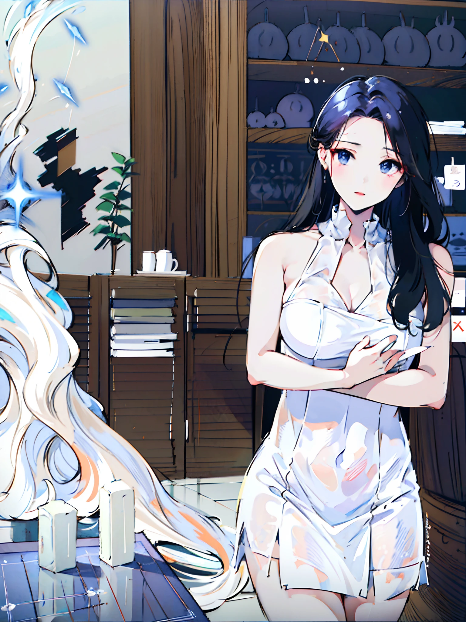 There was a woman in a white dress in the restaurant,wearing a cute white dress, , wears a white dress, smooth white tight clothes suit, beautiful Korean women, pale milky white porcelain skin, (Chaotic geometry:1.3),(negative space:0.8),(Drawing board:1.3 ), (Etheric color ink flows:1.3)，artbook style