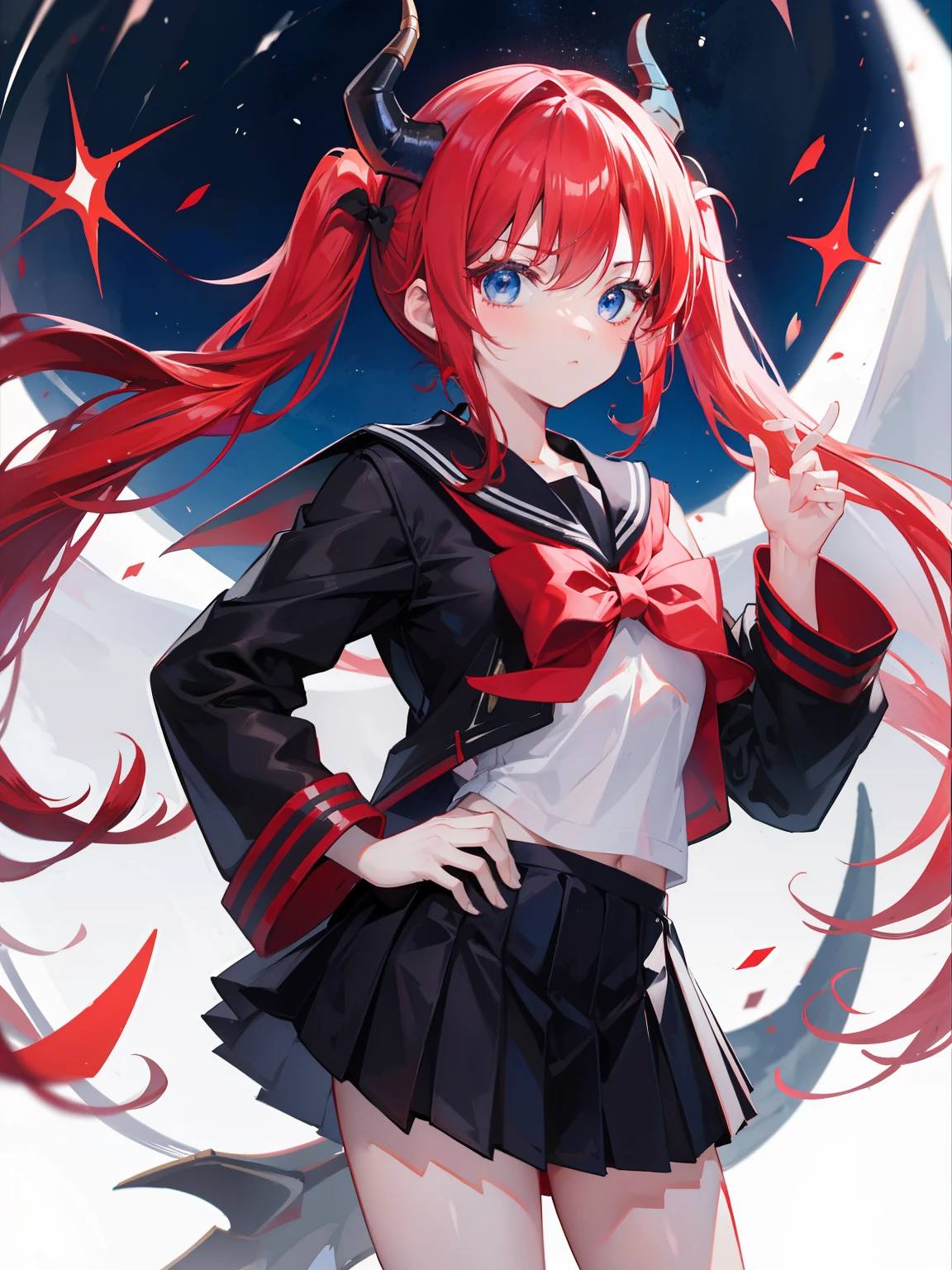 red hair, blue eyes, twintails, Sailor suit,black coat, Dragon horns,Pleated skirt,solo,loli,cute,bow