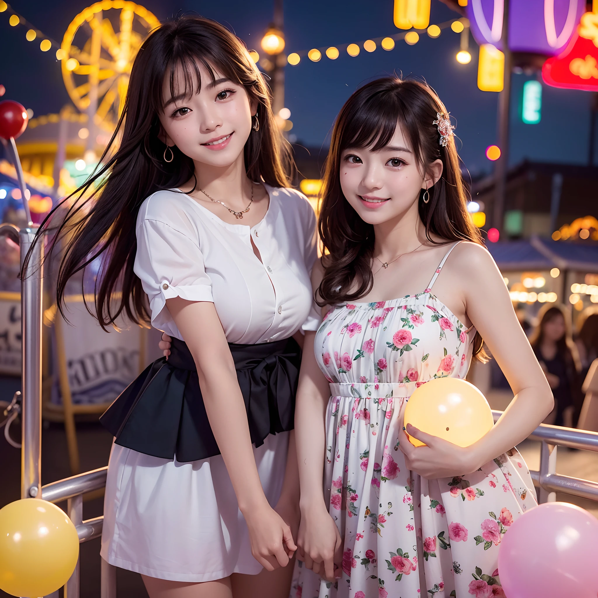 (8K、top-quality、超A high resolution、masterpiece:1.2)、(Photorealsitic:1.4)、(detailed skins:1.3)、(bokeh dof)、女の子1人、(ulzzang-6500:1.0)、(style-keta: 0.8)、Portrait of cute ite teeautiful Japan girl at 15 years old、Teen、(Detamile、(Night amusement park、Lit up、illuminations)、stas、happiness、lots of balloons、the Ferris wheel、merry-go-round、rollercoaster、Elaborate CG 8K wallpapers、dynamic ungle、beautiful lighting、profetional lighting、(foco nítido)