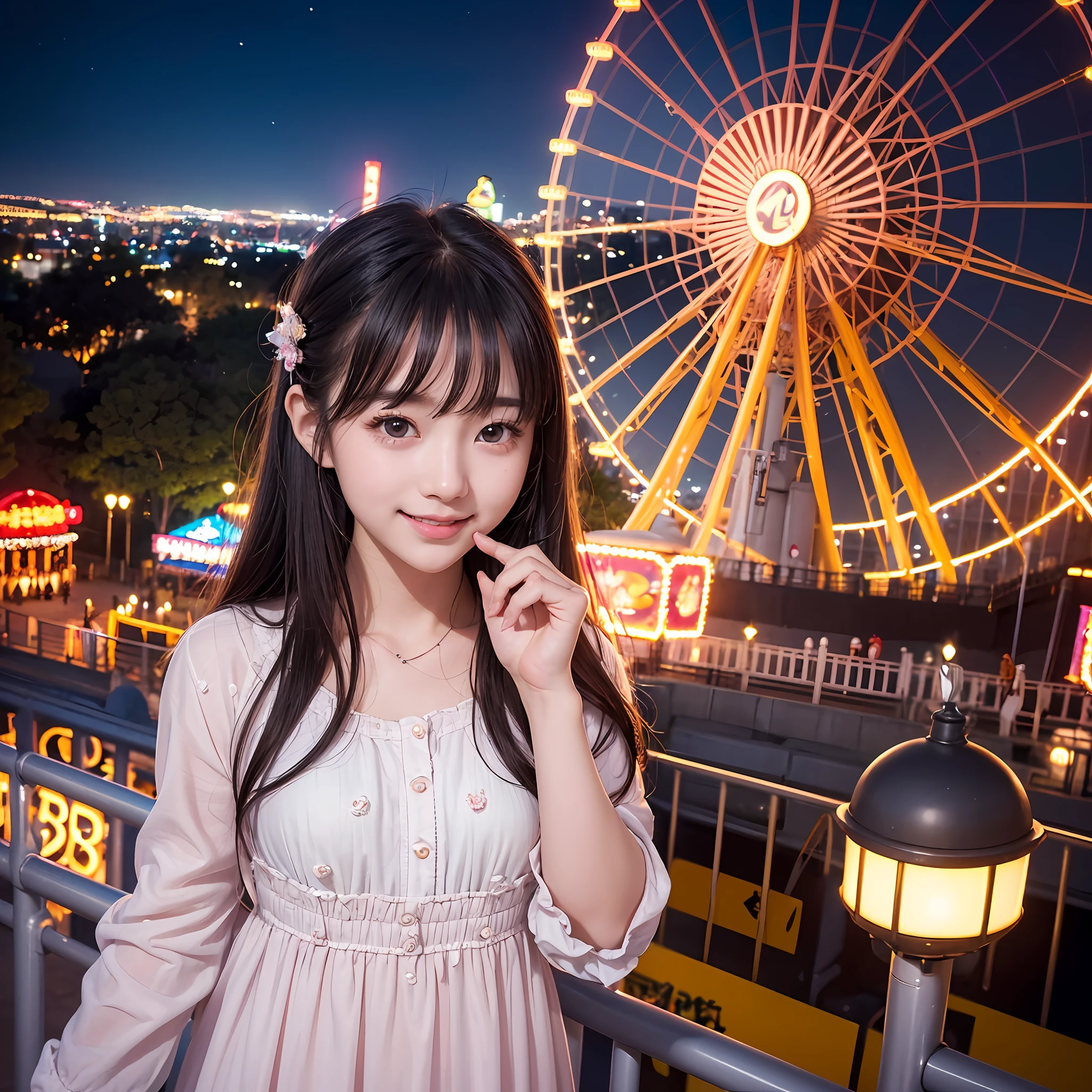 (8K、top-quality、超A high resolution、masterpiece:1.2)、(Photorealsitic:1.4)、(detailed skins:1.3)、(bokeh dof)、女の子1人、(ulzzang-6500:1.0)、(style-keta: 0.8)、Portrait of cute ite teeautiful Japan girl at 15 years old、Teen、(Detamile、(Night amusement park、Lit up、illuminations)、stas、happiness、lots of balloons、the Ferris wheel、merry-go-round、rollercoaster、Elaborate CG 8K wallpapers、dynamic ungle、beautiful lighting、profetional lighting、(foco nítido)
