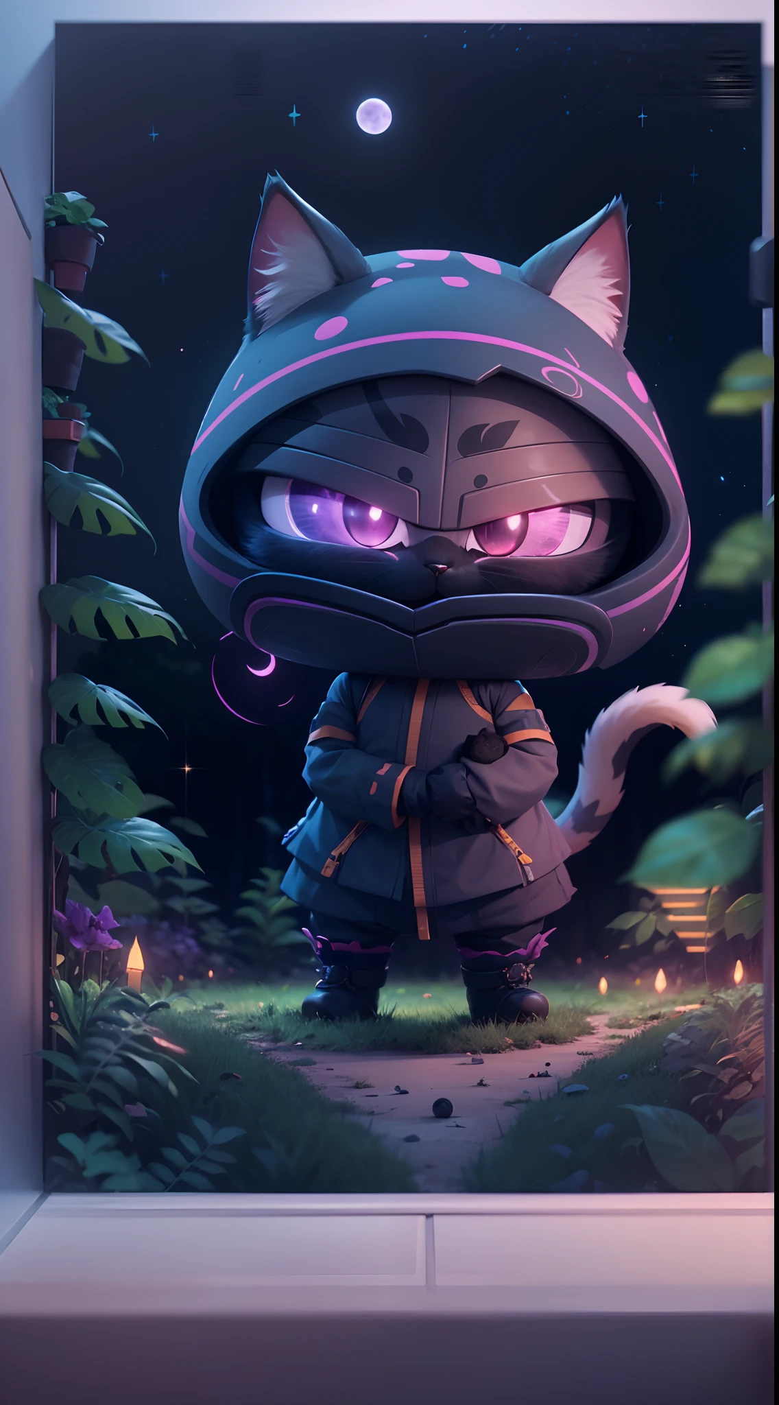 Create a vibrant dark fantasy cute ninja cat in a clean-lined minimalistic cartoon style, in the background a beautiful forest and a bright purple moon, octane render, 8k
