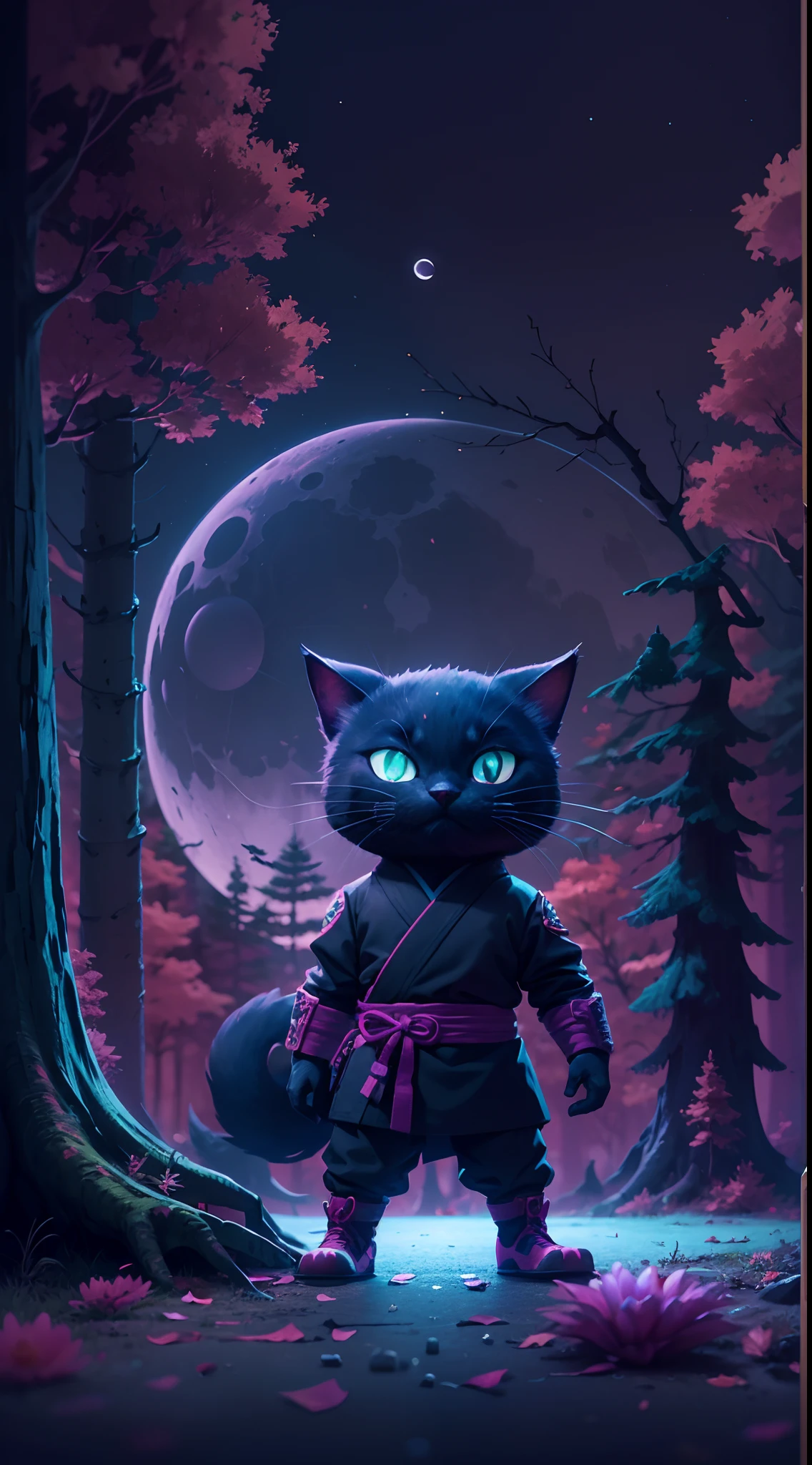 Create a vibrant dark fantasy cute ninja cat in a clean-lined minimalistic cartoon style, in the background a beautiful forest and a bright purple moon, octane render, 8k