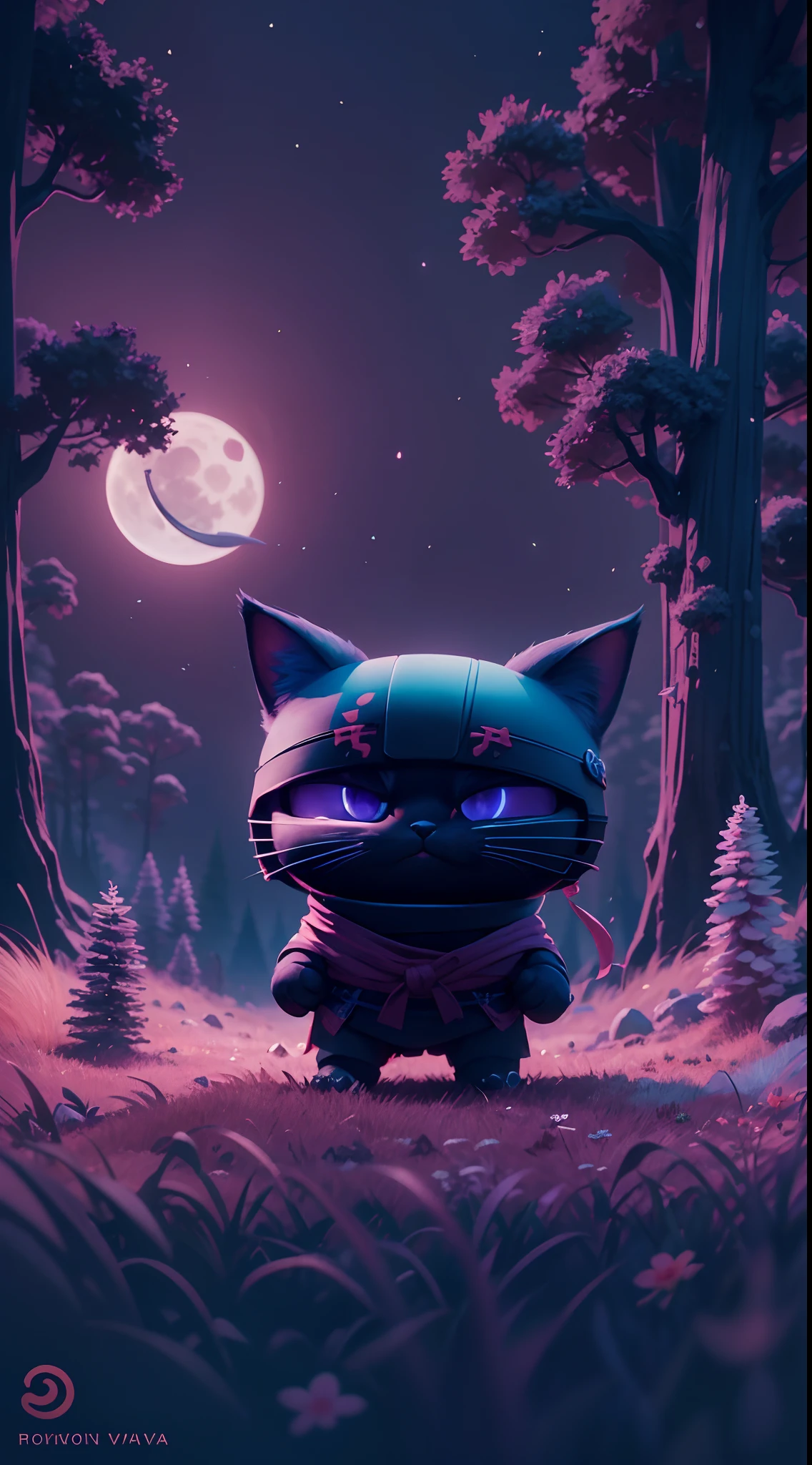Create a vibrant dark fantasy cute ninja cat in a clean-lined minimalistic cartoon style, in the background a beautiful forest and a bright purple moon, octane render, 8k
