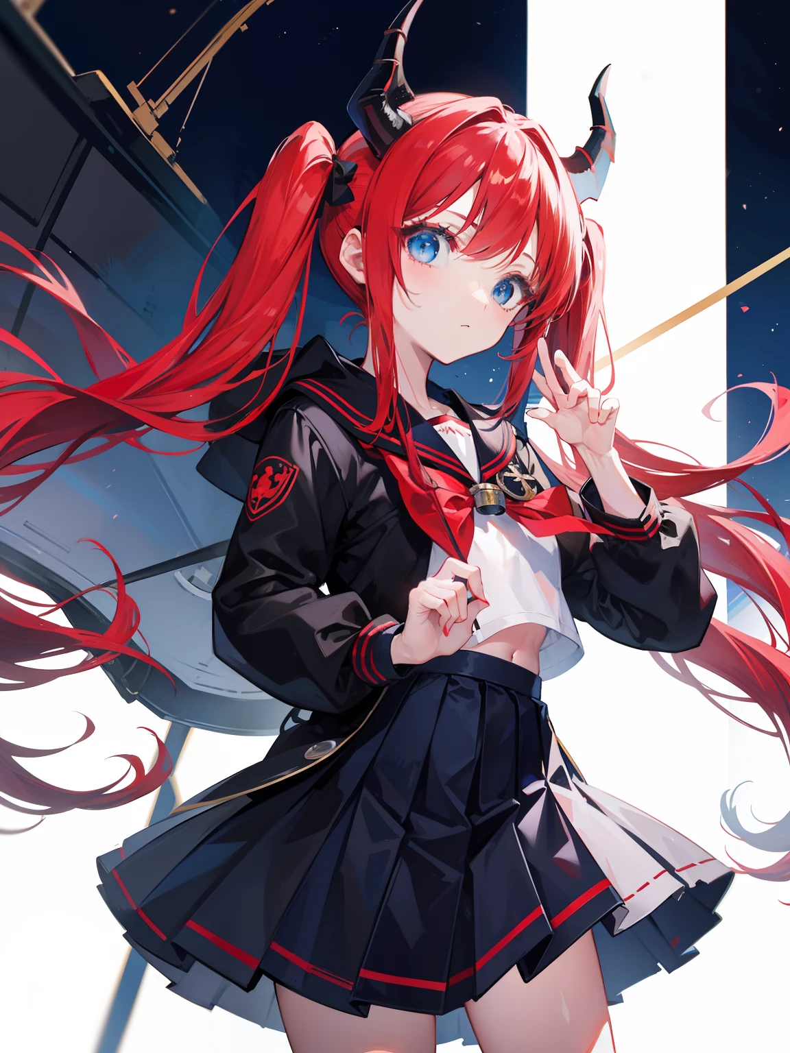 red hair, blue eyes, twintails, Sailor suit,black coat, Dragon horns,Pleated skirt,solo,loli,cute,bow