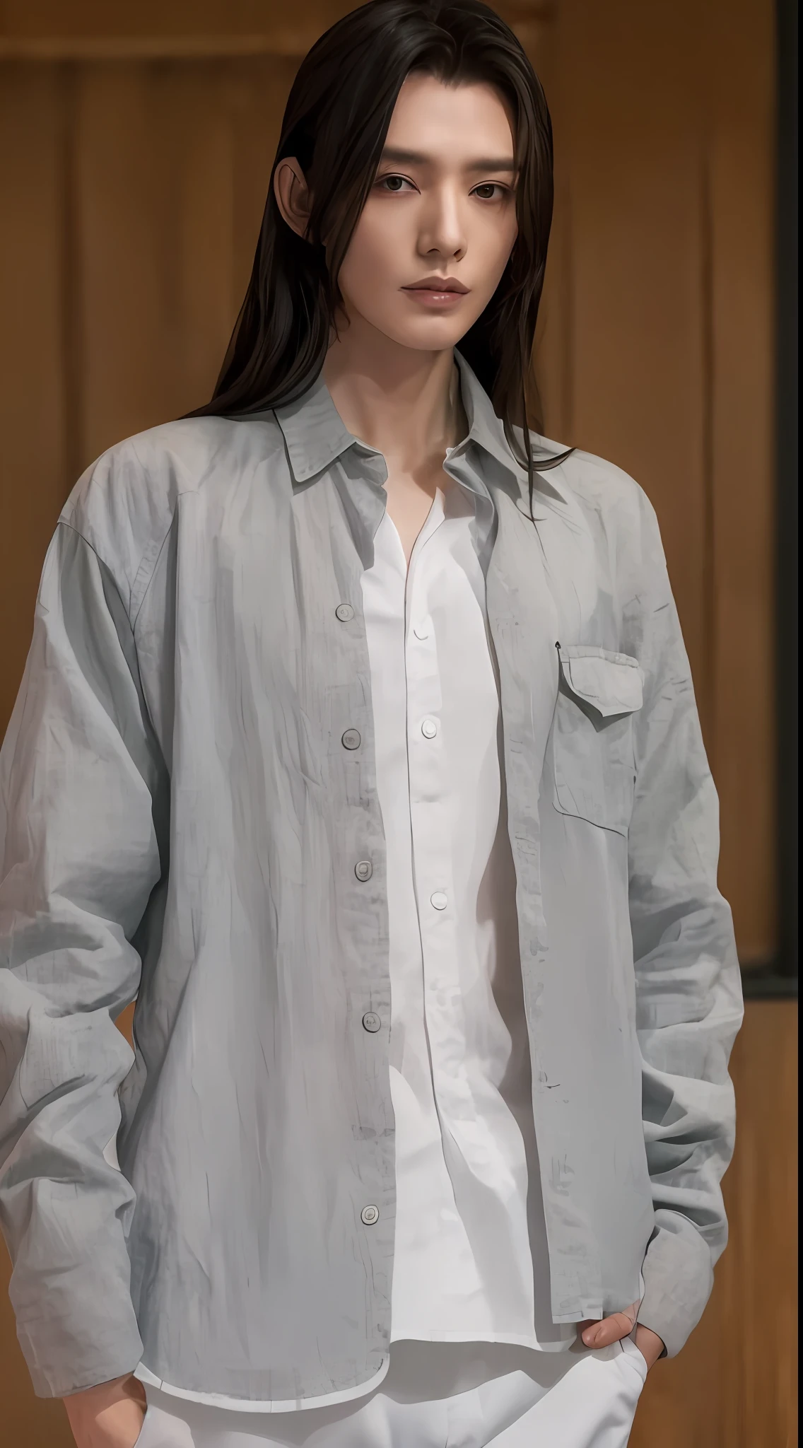 ((best qualtiy, 8K, tmasterpiece:1.3)), Sharp:1.2, A beautiful man with a perfect body、、:1.4, Slim abs:1.2, ((Long hair 1.1)), (Wet gray button down shirt:1.5),,Highly detailed facial and skin texture,A detailed eye,二重まぶた,looks into camera