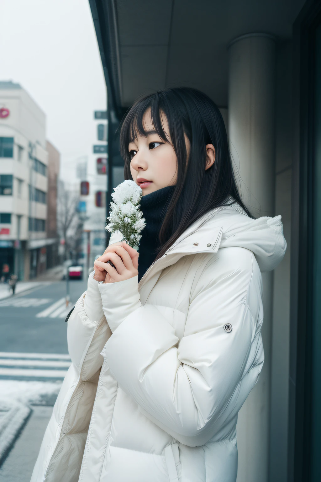 (Great masterpiece、high-level image quality、hightquality),(A Japanese Lady、Cute with good looks、25-years old)、(The psychology of a woman in anguish and despair、Even the cold of winter chills、kou)、(Exhale breath white、Stand up with a bang、takeout)、(Perfect and complete anatomy、Perfect and beautiful limbs)、(Winter Outfit、Solitude)、Snow flutters、Cloudy sky、Sniffing in a corner of the city、professional photograpy、Spiritual imagery、Love and sadness、