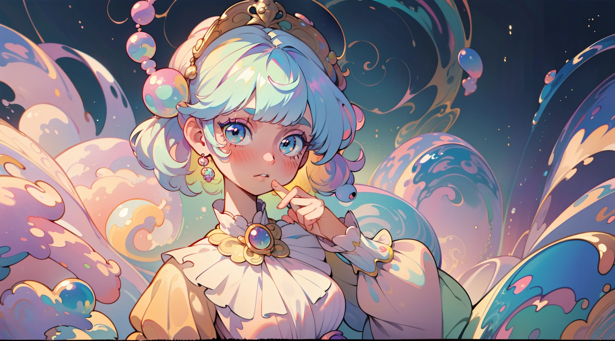 masterpiece, best quality, 8k resolution, sharp focus, intricate detail, beautiful girl, sparkling eyes, golden ratio face, otherworldly liquid, watercolor, pastel colors, bright colors, whimsical, colorful, sharp focus, high resolution, fine detail, ((layered tiered puffy long sleeves ballgown)), ((round eyes)), iridescent bubbles, fantasia background