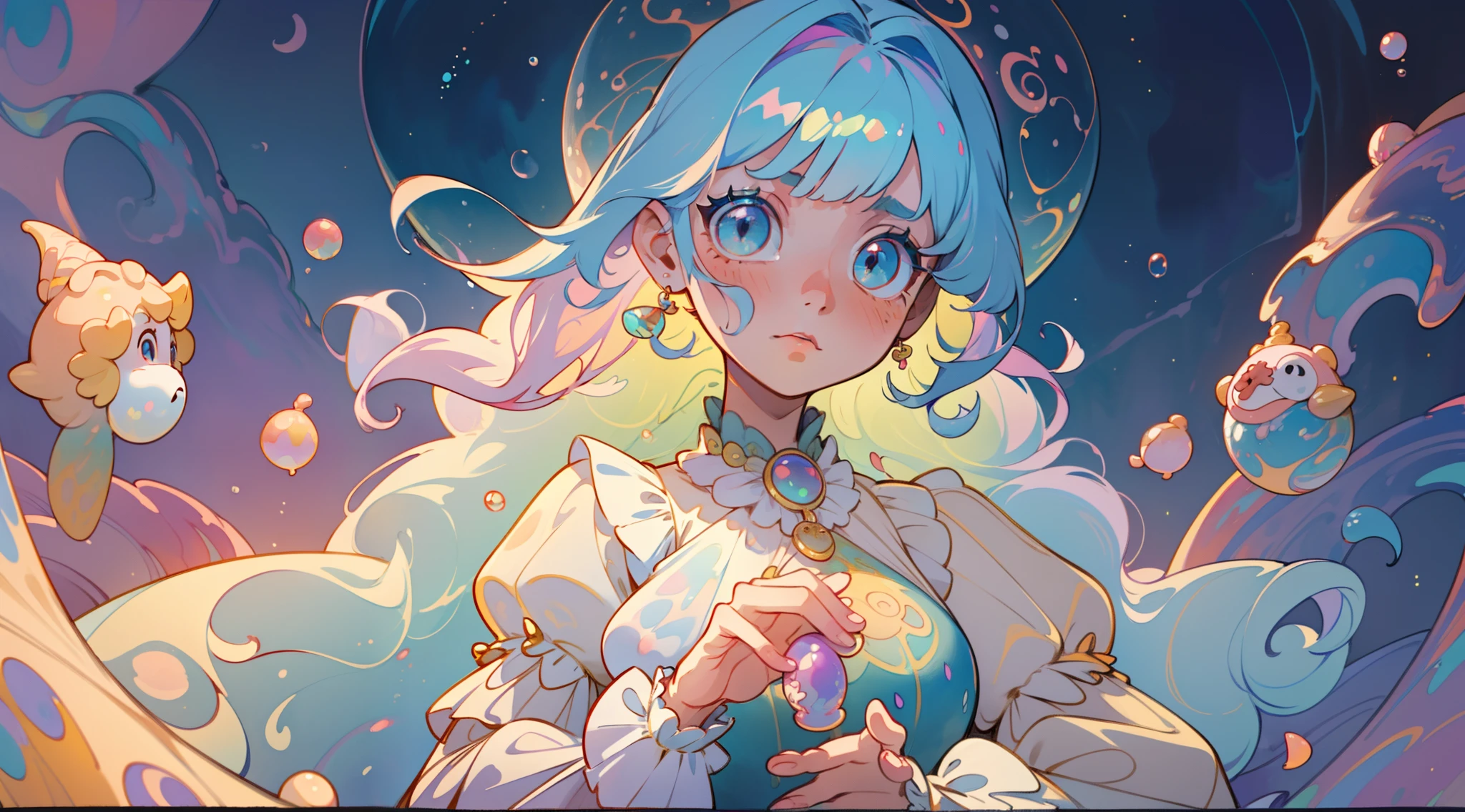 masterpiece, best quality, 8k resolution, sharp focus, intricate detail, beautiful girl, sparkling eyes, golden ratio face, otherworldly liquid, watercolor, pastel colors, bright colors, whimsical, colorful, sharp focus, high resolution, fine detail, ((layered tiered puffy long sleeves ballgown)), ((round eyes)), iridescent bubbles, fantasia background