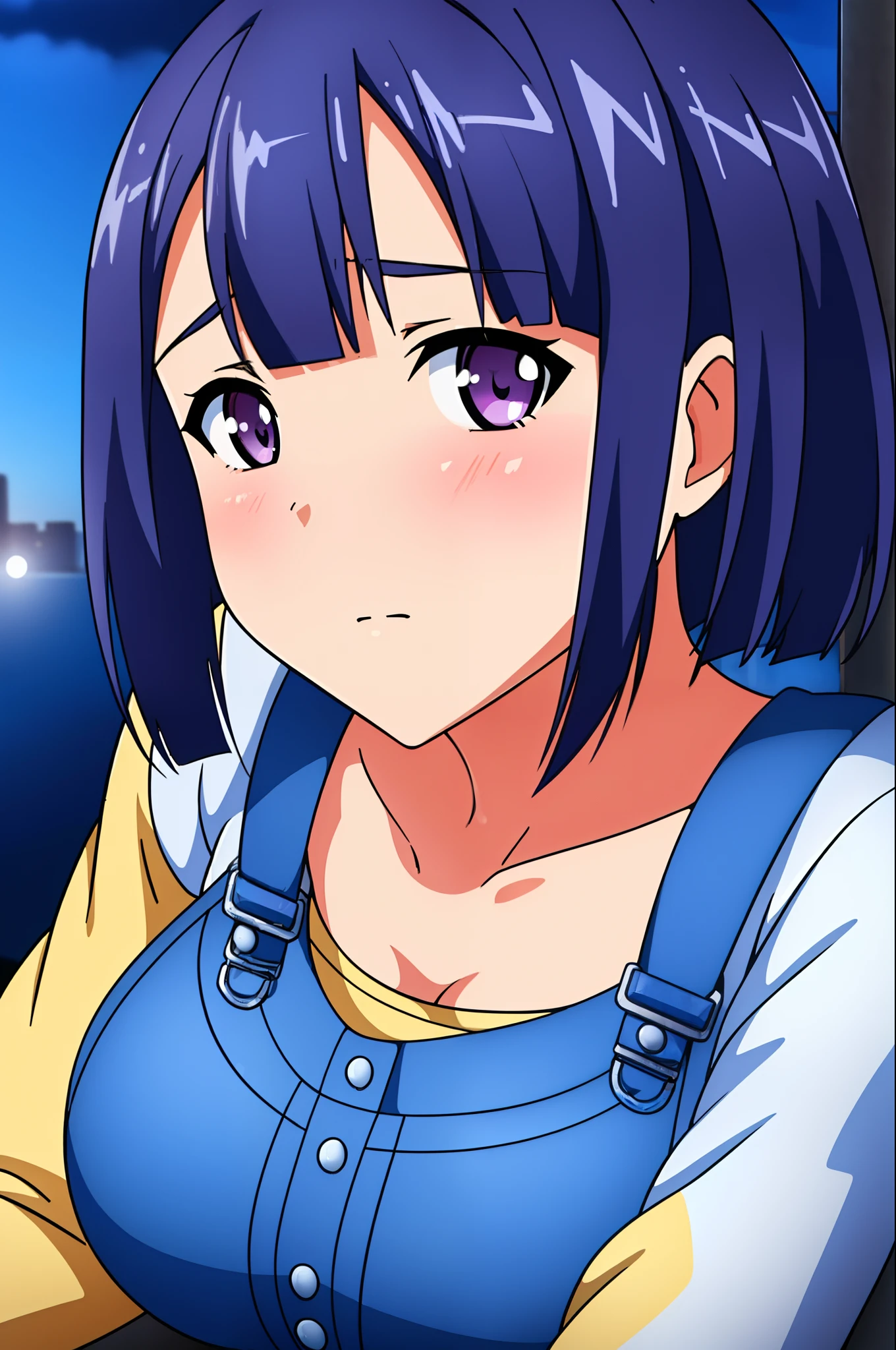 (Night:1.7), Cyberpunk_CityView, Before Window,
sitting at attention,sitting on couch,suspenders,overalls, 
collarbone,blue dress with a yellow top and blue skirt,long sleeves, 
 blue_hair,short_hair,purple_eyes,hair_ornament, hairclip, 
1 girl, 20yo,mature female,Beautiful Finger,Beautiful long legs,Beautiful body,Beautiful Nose,Beautiful character design, perfect eyes, perfect face,
looking at viewer, (innocent_big_eyes:1.0),(expressionless:1.3),
NSFW,official art,extremely detailed CG unity 8k wallpaper, perfect lighting,Colorful, Bright_Front_face_Lighting,
(masterpiece:1.0),(best_quality:1.0), ultra high res,4K,ultra-detailed,
photography, 8K, HDR, highres, absurdres:1.2, Kodak portra 400, film grain, blurry background, bokeh:1.2, lens flare, (vibrant_color:1.2)
(Beautiful,large_Breasts:1.4), (beautiful_face:1.5),(narrow_waist),