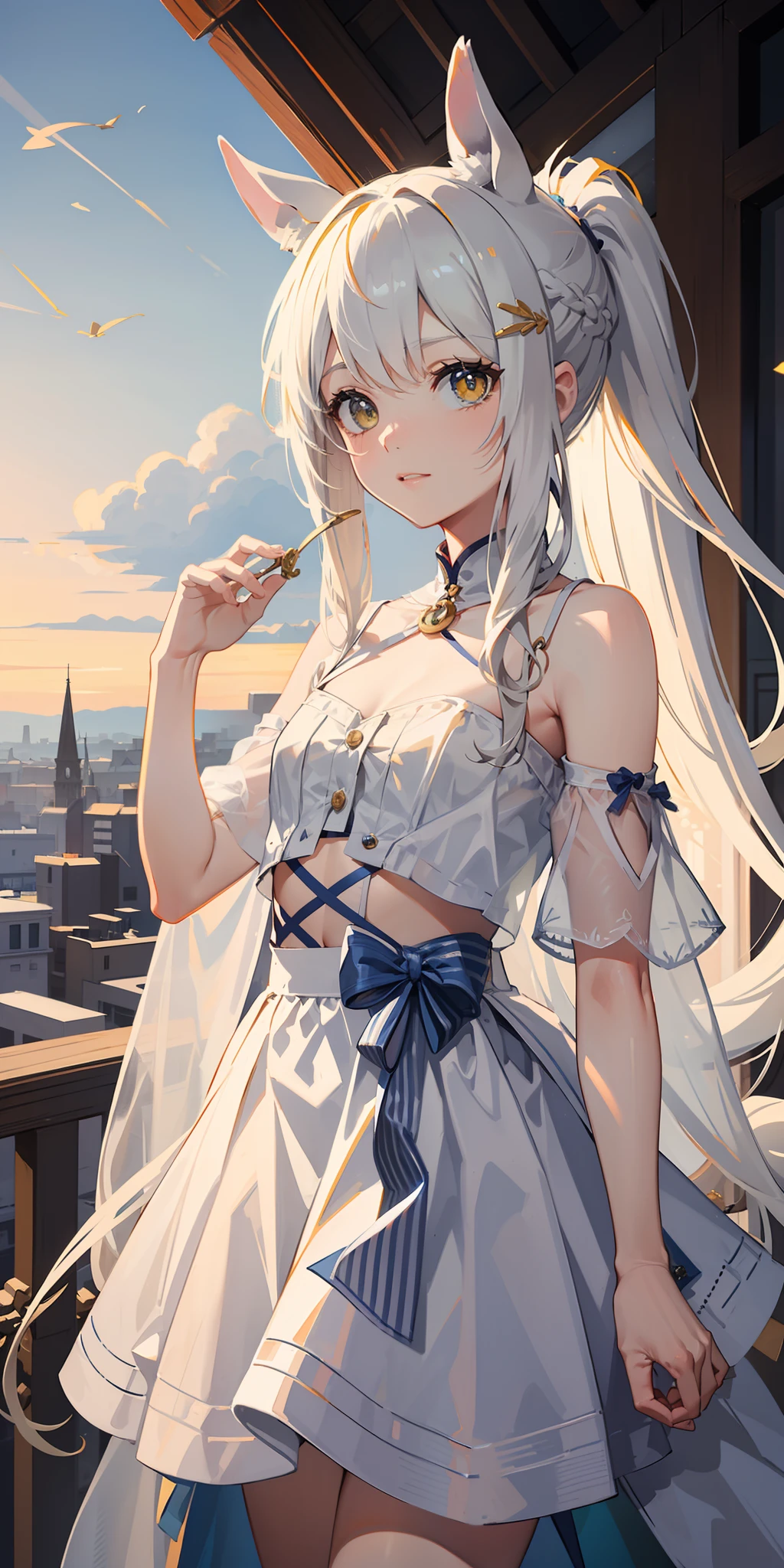 Masterpiece, Best quality, High quality, 1girll，Solo, Male focus, view the viewer, White horse ears，Long white single ponytail hair，White color hair，Long hair and waist，Flat bangs，Lunette de soleil