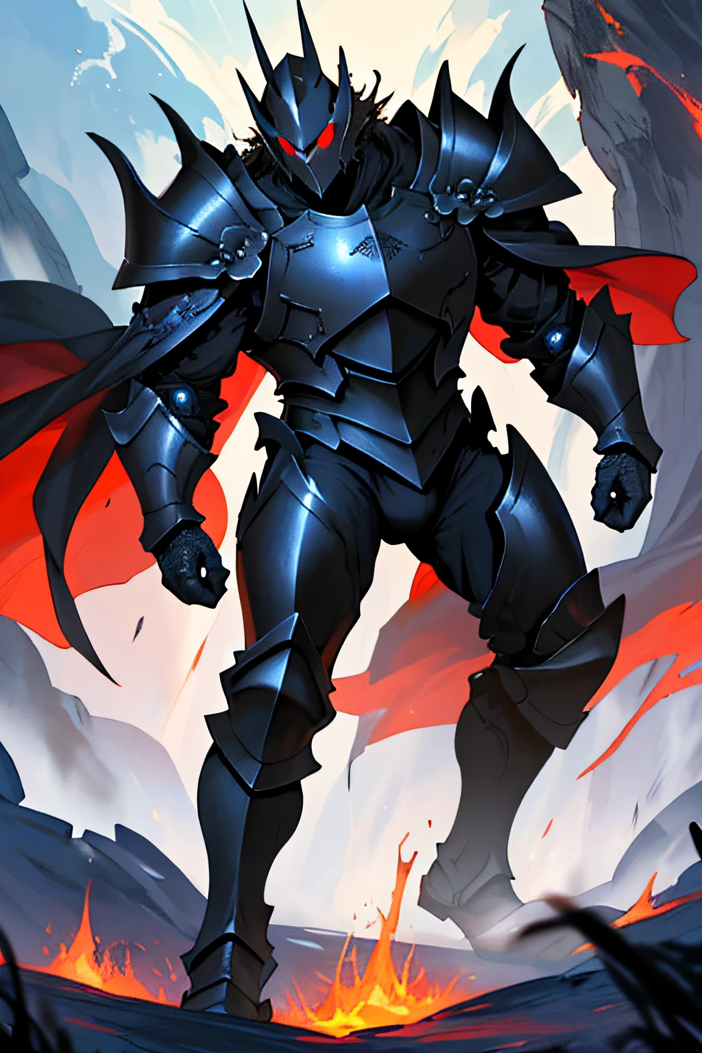 Fantasy art, standing front, (((((FRONT))))) jet black armor (volumetric lighting) knight (25 years old) with a sword, jet black iron armor, (jet black armor) top rated pixiv, 150 kgs, front view, even shoulders, perfect and massive muscles, black full body armor of jet black color, (covers entire torso), jet black armor huge shoulders, muscle arms, (heavily toned massive and huge) narrow waist, brown skin, black hair, short hair, white sclera, blue eyes (detailed eyes), intimidating appearance, he wears his helmet in one hand, so you can see that he is a very attractive man, BLACK ARMOR, black earth covered by volcanic ash, lava waterfall behind, D&D character, knight, human, handsome face, skill image, bulge, looking at the viewer, breaking the fourth wall, big bulge in crotch. black cape with an embroidered red dragon.