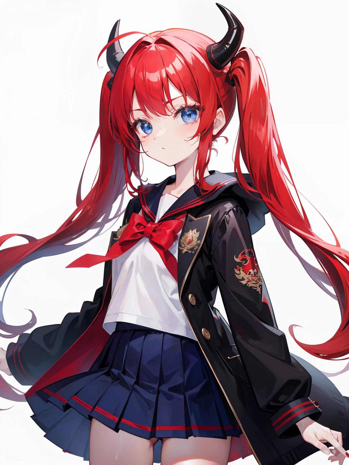 red hair, blue eyes, twintails, Sailor suit,black coat, Dragon horns,Pleated skirt,solo,li,cute,bow