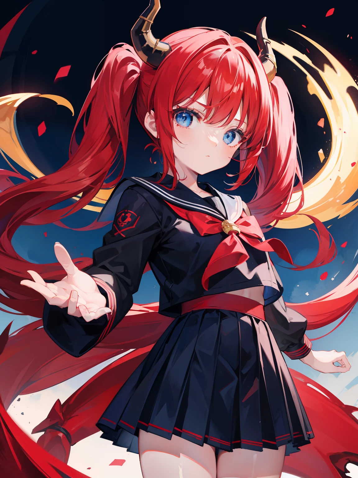 red hair, blue eyes, twintails, Sailor suit,black coat, Dragon horns,Pleated skirt,solo,li,cute,bow