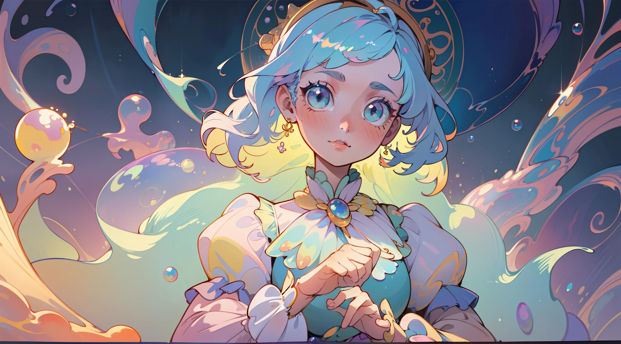 masterpiece, best quality, 8k resolution, sharp focus, intricate detail, beautiful girl, sparkling eyes, golden ratio face, otherworldly liquid, watercolor, pastel colors, bright colors, whimsical, colorful, sharp focus, high resolution, fine detail, ((layered tiered puffy long sleeves ballgown)), ((round eyes)), iridescent bubbles, fantasia background