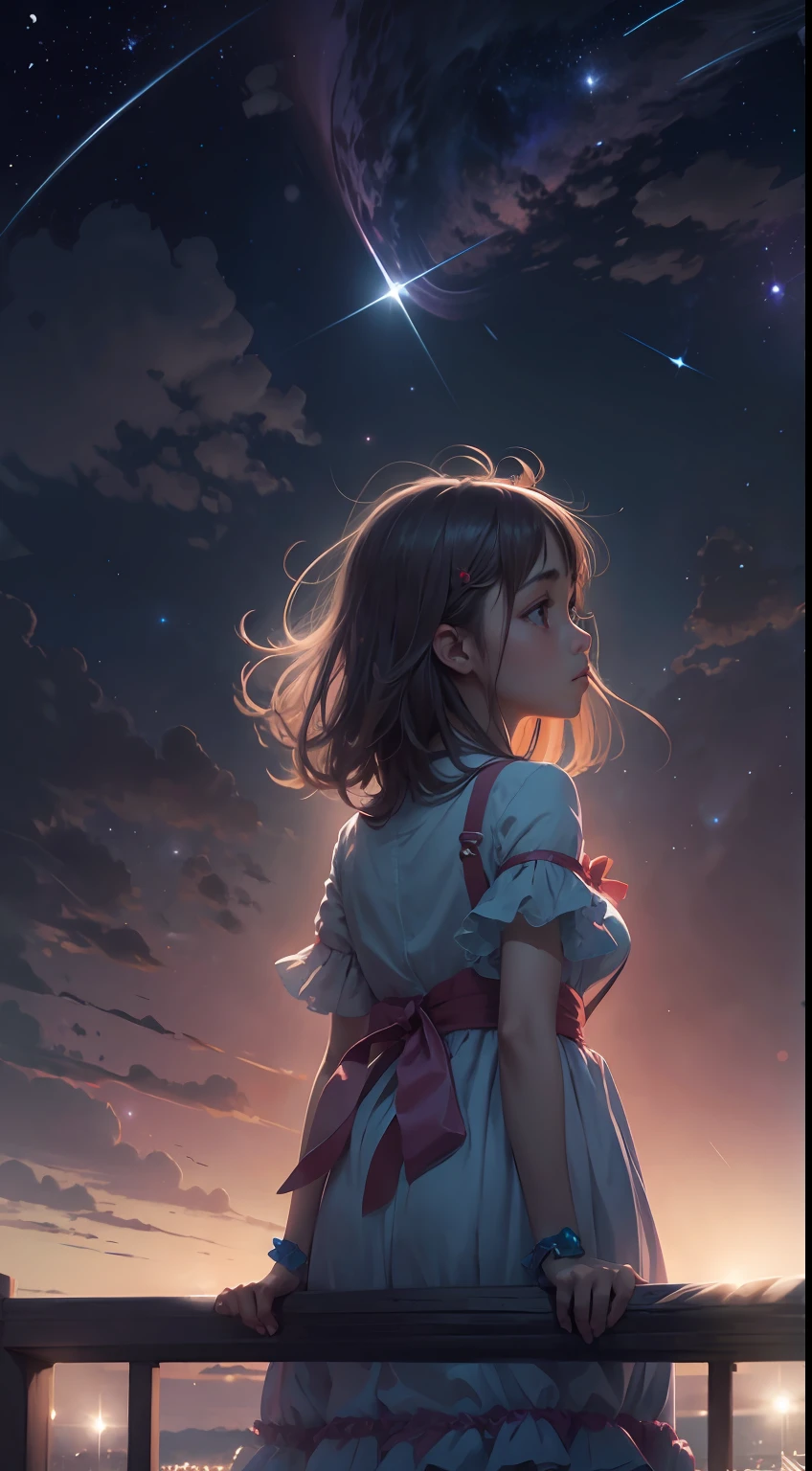 one-girl，Gaze at the stars,facing away from the audience，head looking up