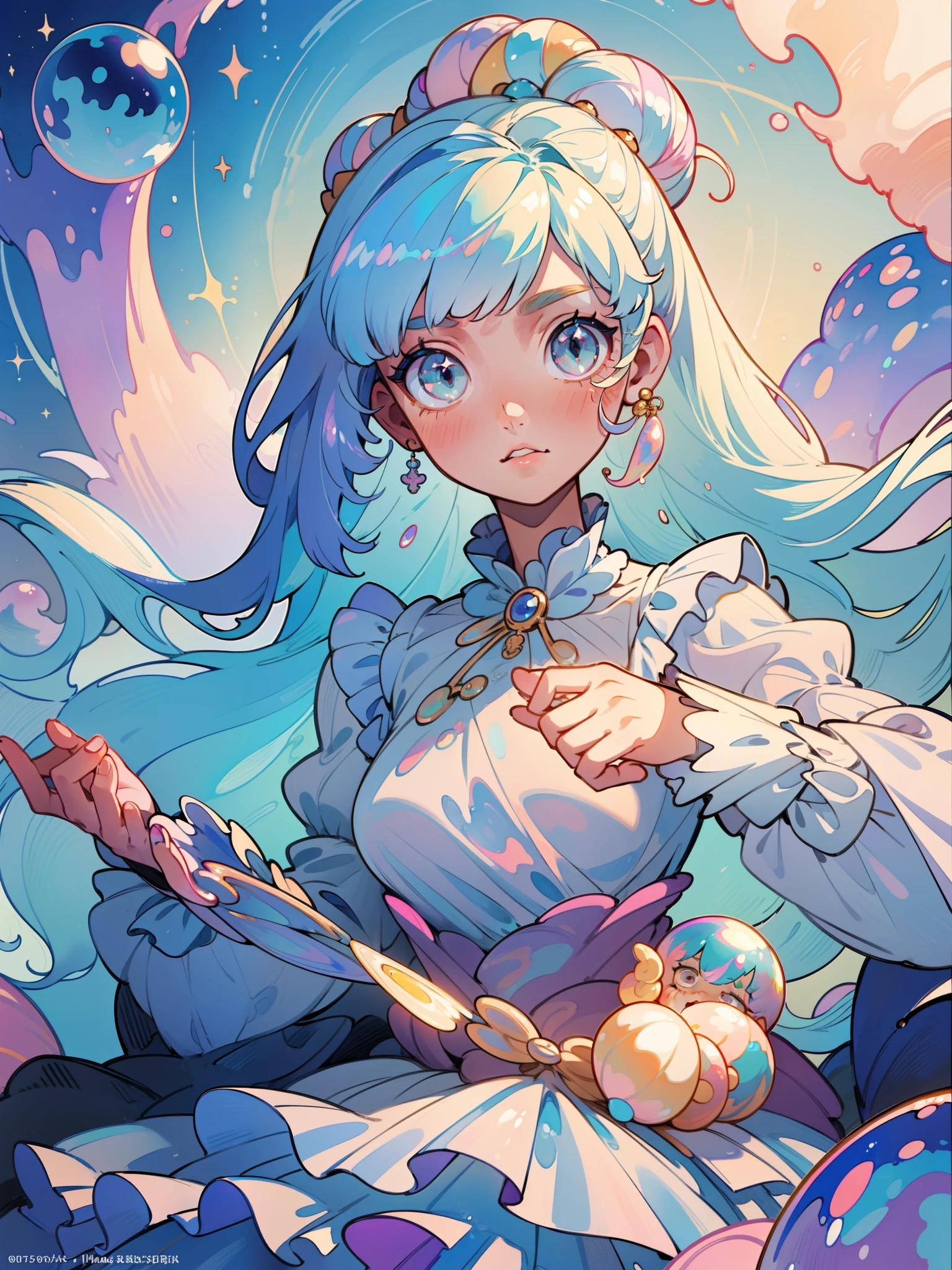 masterpiece, best quality, 8k resolution, sharp focus, intricate detail, beautiful girl, sparkling eyes, golden ratio face, otherworldly liquid, watercolor, pastel colors, bright colors, whimsical, colorful, sharp focus, high resolution, fine detail, ((layered tiered puffy long sleeves ballgown)), ((round eyes)), iridescent bubbles, fantasia background