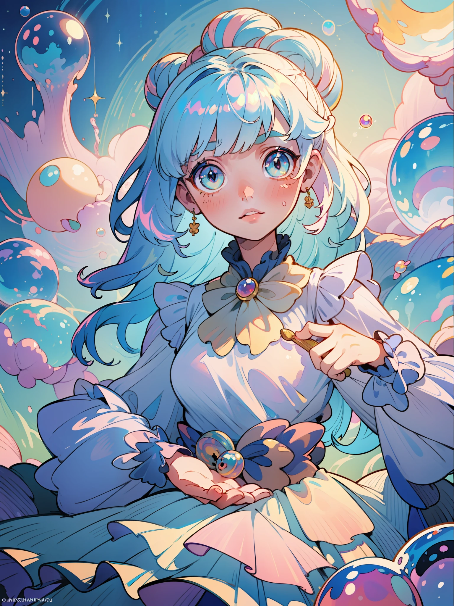 masterpiece, best quality, 8k resolution, sharp focus, intricate detail, beautiful girl, sparkling eyes, golden ratio face, otherworldly liquid, watercolor, pastel colors, bright colors, whimsical, colorful, sharp focus, high resolution, fine detail, ((layered tiered puffy long sleeves ballgown)), ((round eyes)), iridescent bubbles, fantasia background