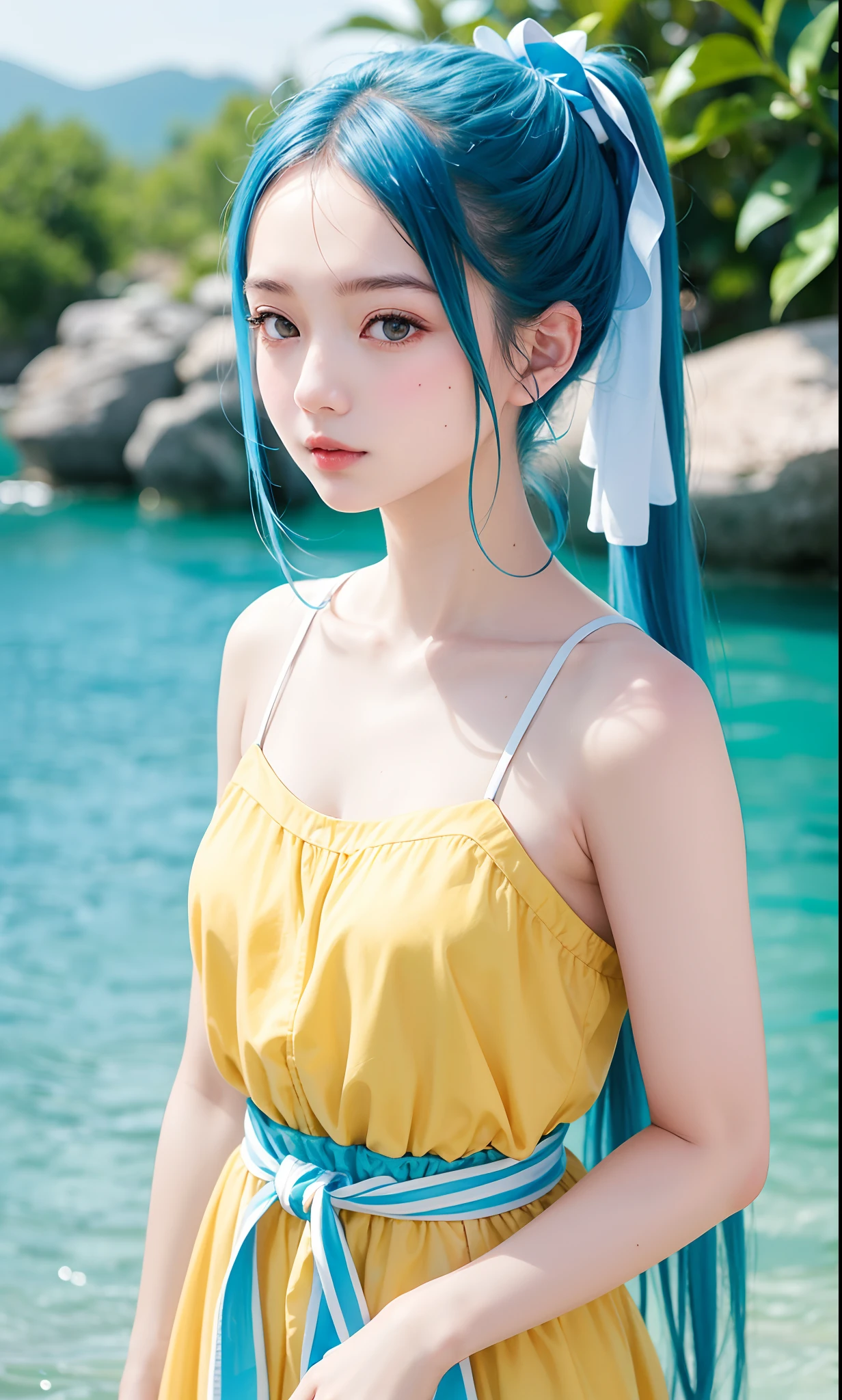 (Highest quality, 32k, High resolution, Masterpiece:1.5, ), marimo_jet, god々A photograph with brilliant dazzling and healing power., Evoking a sense of calm and elusive beauty, Expressing emotions, Have a rich imagination, Beautiful Japanese Girls, ((Low - Angle:1.4)), An exceptionally beautiful face, Small Face Beauty, Perfect Human Anatomy, Magical big eyes, Motherhood and generosity, Deep Love, fleeting smile, ((Shiny light blue hair:1.4)), Super long straight silk hair swaying in the wind, Asymmetrical bangs, Hair between the eyes, Transparent, soft white skin, Sharp eyebrows, Thin lashes, Natural Makeup, Cheek highlighter, Lips with fine detail, (White see-through camisole:1.4), High resolutionの完璧な鎖骨, High resolutionの美しい胸元, Slim figure with ample breasts, High resolutionの美しい太もも, ((In the sea:1.2)), ((Vibrant coral reefs and tropical landscapes:1.3)), Professional photographer, Professional Lighting, Professional models, god秘的