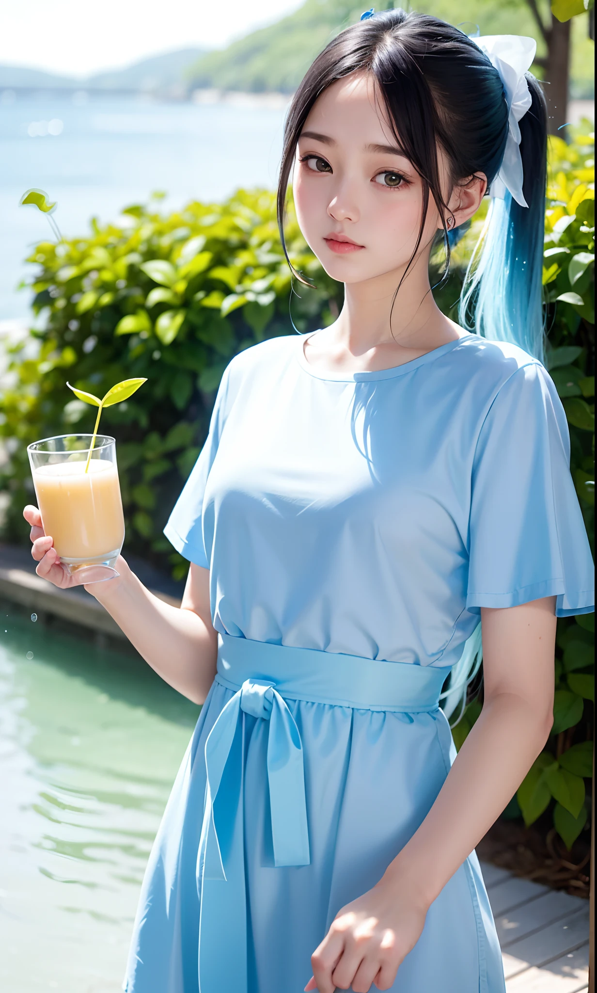 Against the background of the element of water,Light blue double ponytail hair,Yellow bells hang from his hair,Blue and white clothes with milk,Cute cute girl