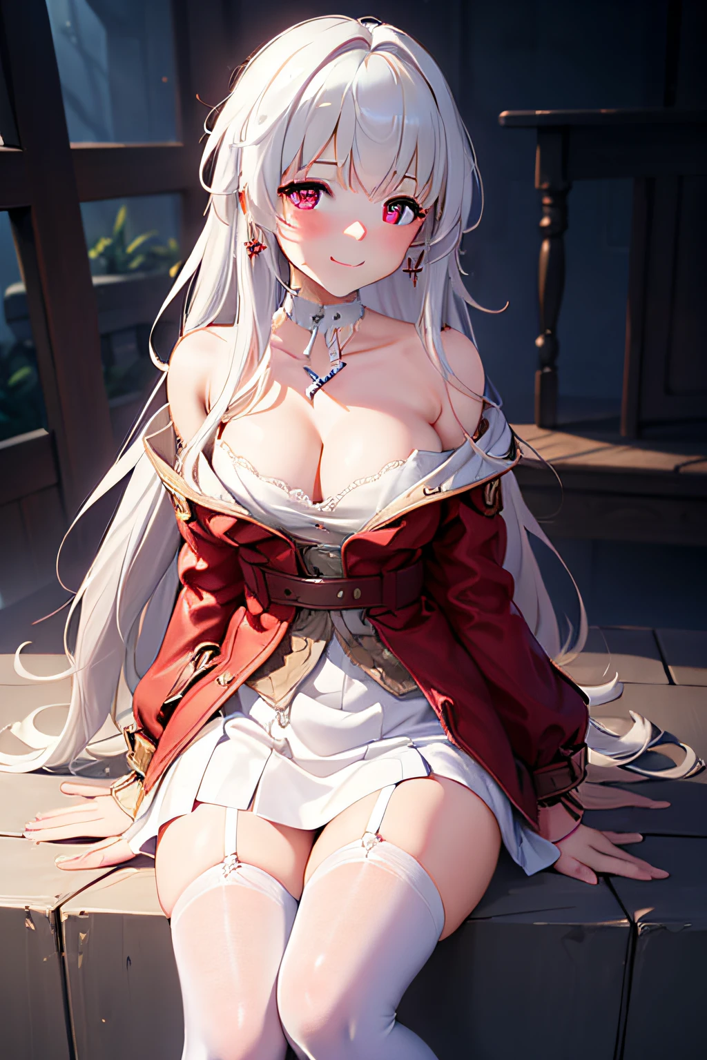 tmasterpiece,k hd,good quality,wheat field,Sunshine 1 girl, Extremely detailed,Ambient,Light red blouse, Extremely delicate big eyes, Honkai,klara with huge breasts,Lori huge breasts cleavage,(little breast , Silvery-white hair。choker necklace,Earrings, Drill hair, ,White stockings with lace,Small leather shoes,angle of view,Pay attention to arm details, Finger details, Shy, Smiling, Blushing, Perfect hands, Depth of field