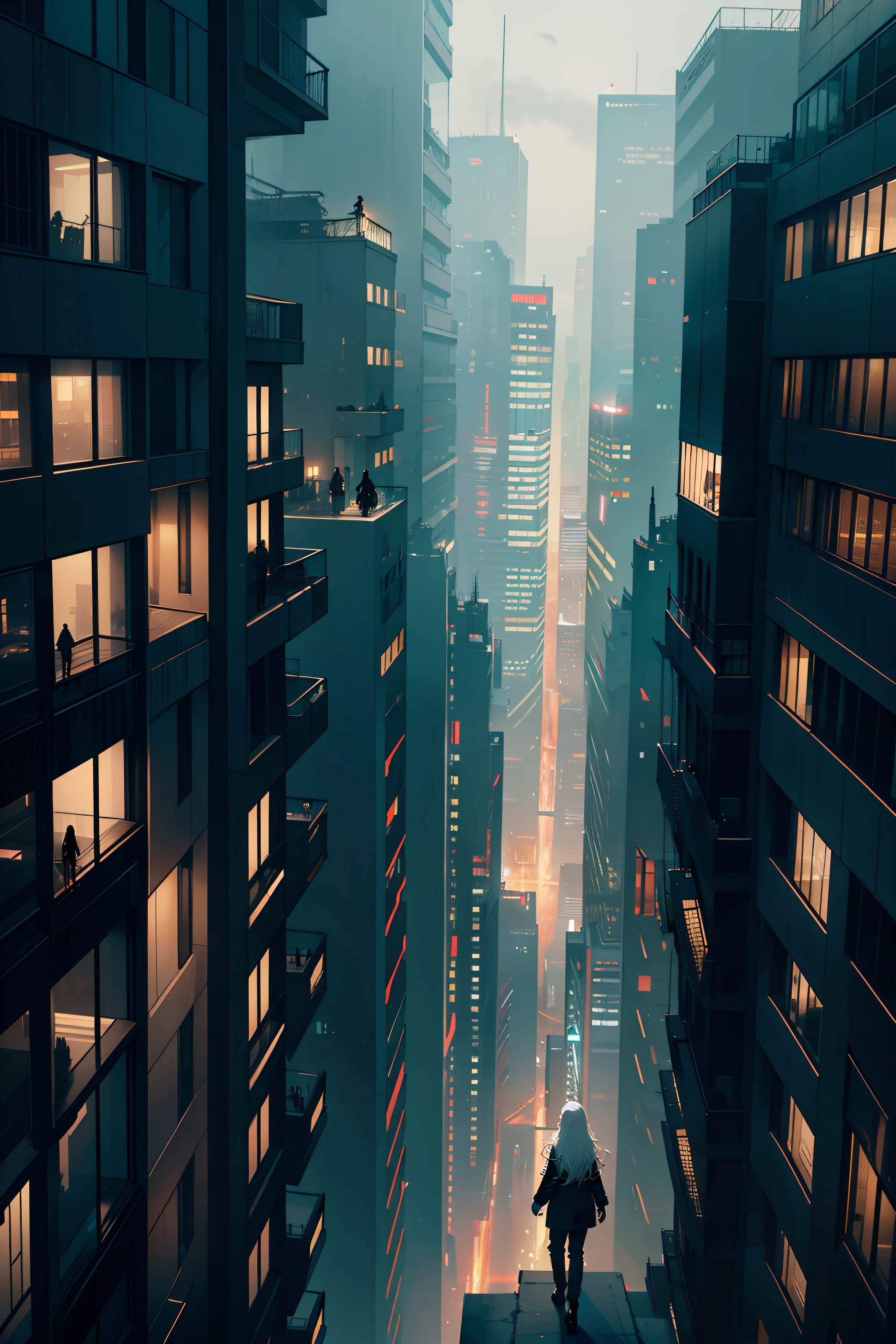 At the top of a tall building, A woman stands on it, Look down, She wears a long black trench coat, trousers, Suits, Below are endless streets, At night, massive city, White hair, Long hair, From behind, Atmospheric perspective, Perspective, Masterpiece, Anatomically correct, Super detail, Award-Awarded, Best quality, High details