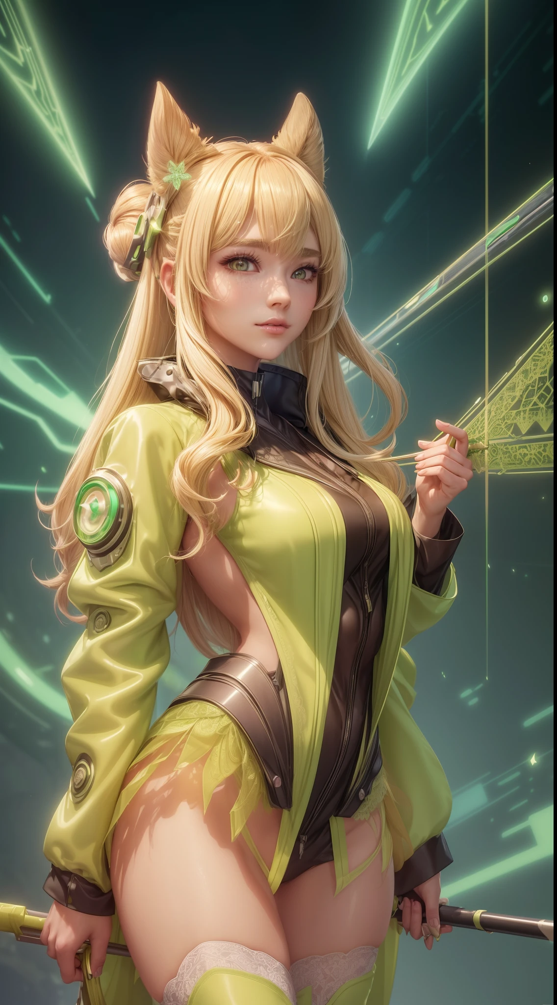 bright lime green futuristic animal ranger girl in coverall kimono suit (((skirt))) (((jacket))) with bow and arrow, animal ears, (robe), tropical, ((lacy)), futurism, cyberpunk, silk, fur, (stockings), natural breasts, slim body, zettai ryouiki, ((((medium length dull blond hair)))), dull blond hair, (beautiful detailed bright golden eyes), portrait, (beautiful and aesthetic:1.2, fractal art:1.4), most realistic, hyper-realistic, RAW, highest quality, best quality, Detailed, Realistic, 4k highly detailed digital art, octane render, bioluminescent, (cool_color), best pixels, 8k ultra, extremely detailed CG unity 8k wallpaper, cinematic lighting