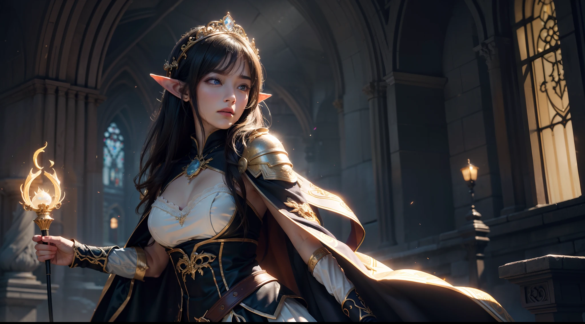 ((best qualtiy)), ((tmasterpiece)), ((Realistis)), (A detailed), (realisticlying:1.5),illusory engine, (High detail: 1.9),(femele:1.4),(big breasts beautiful: 1.4),(carismatic:1.3), (Large breasts), Female elf,beuaty girl,elaborate robes,beauitful face, looking at viewert, dynamicposes, The background is the castle,hdr, Ray traching, NVIDIA RTX, Hyper-Resolution, Unreal 5, sub surface scattering, PBR textures, Post-processing, Anisotropic filtering, depth of fields, Maximum clarity and sharpness, trichotomy,8K original,(Luminous Particle:1.4),(VerydetailedCG,Unity 8k壁纸,cinmatic lighting,lens flare glow),Reflectors,Sharp focus,(((Glowing scepter:1.8)))