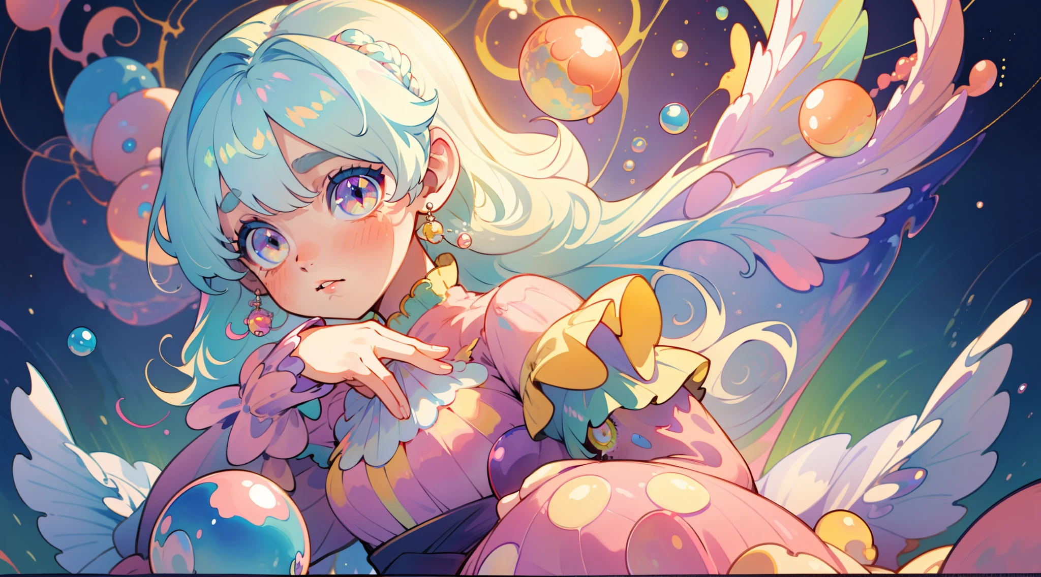 masterpiece, best quality, 8k resolution, sharp focus, intricate detail, beautiful girl, sparkling eyes, golden ratio face, otherworldly liquid, watercolor, pastel colors, bright colors, whimsical, colorful, sharp focus, high resolution, fine detail, princess fantasy flowing ballgown, ((round eyes)), iridescent bubbles
